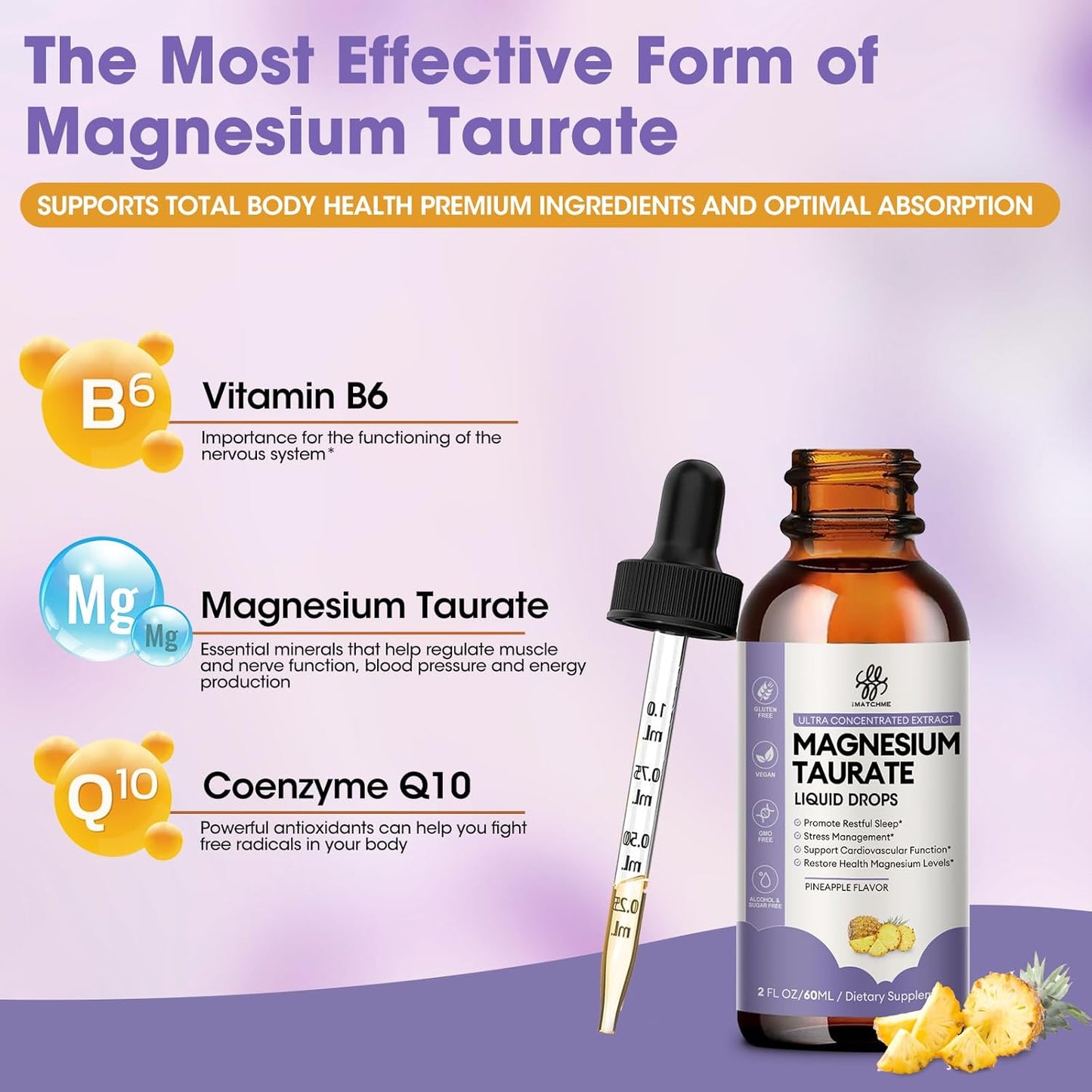 High Absorption Magnesium Taurate Liquid Drops with B6 & CoQ10 - Vegan, Non-GMO, Gluten/Sugar Free 2oz - Muscle, Nerve & Heart Health Support