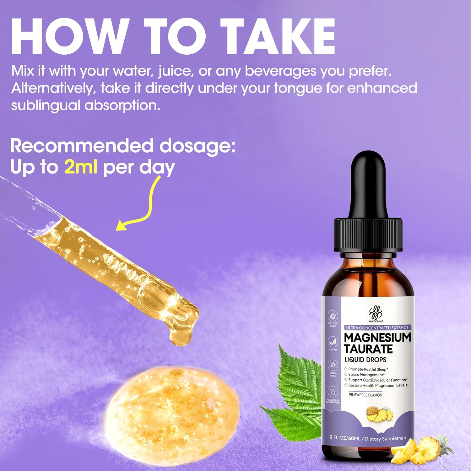 High Absorption Magnesium Taurate Liquid Drops with B6 & CoQ10 - Vegan, Non-GMO, Gluten/Sugar Free 2oz - Muscle, Nerve & Heart Health Support