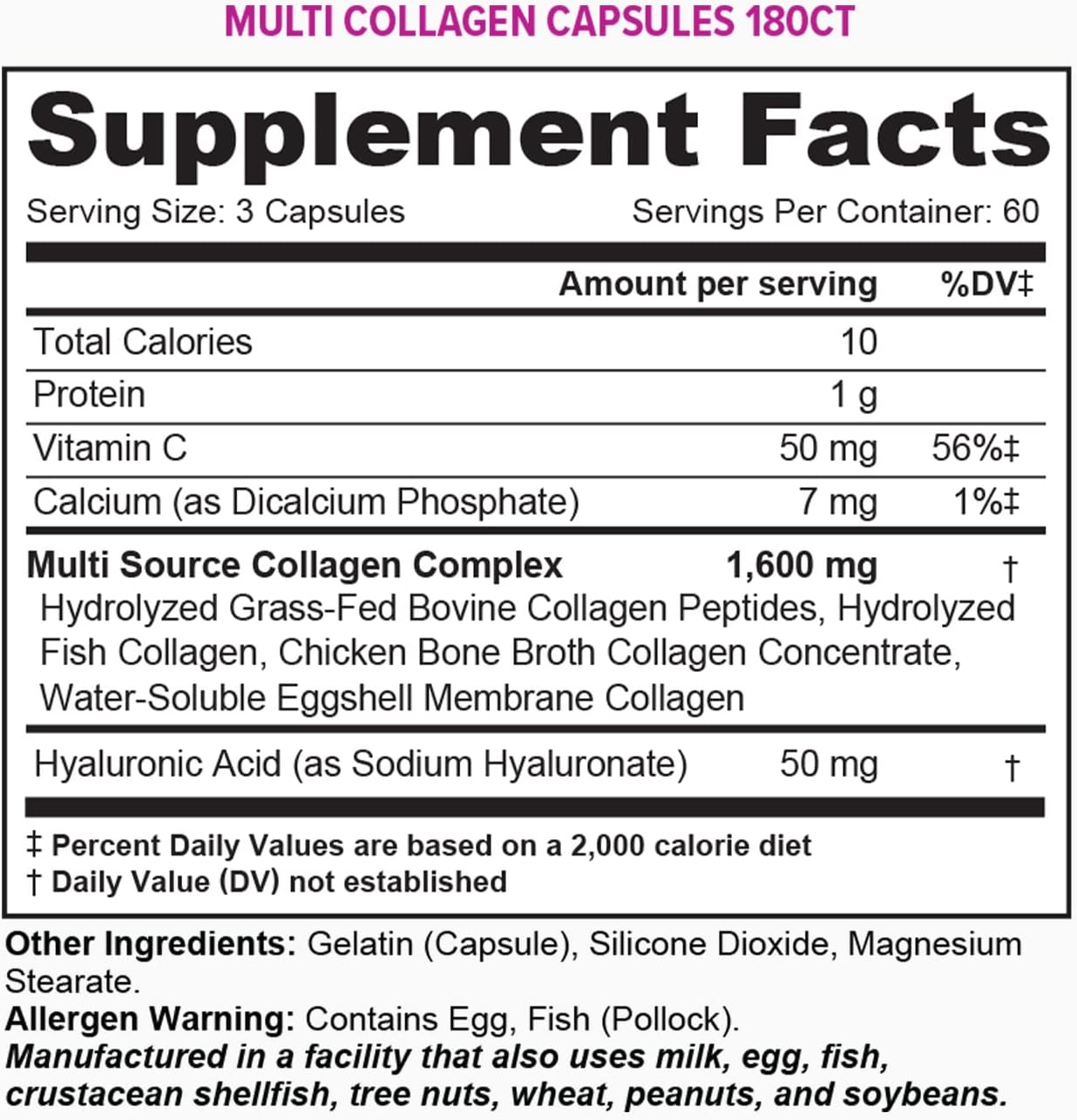 High Absorption Multi Collagen Pills for Hair, Skin & Nails - 60 Servings - Types I, II, III, V, X - Hyaluronic Acid & Vitamin C - Men & Women