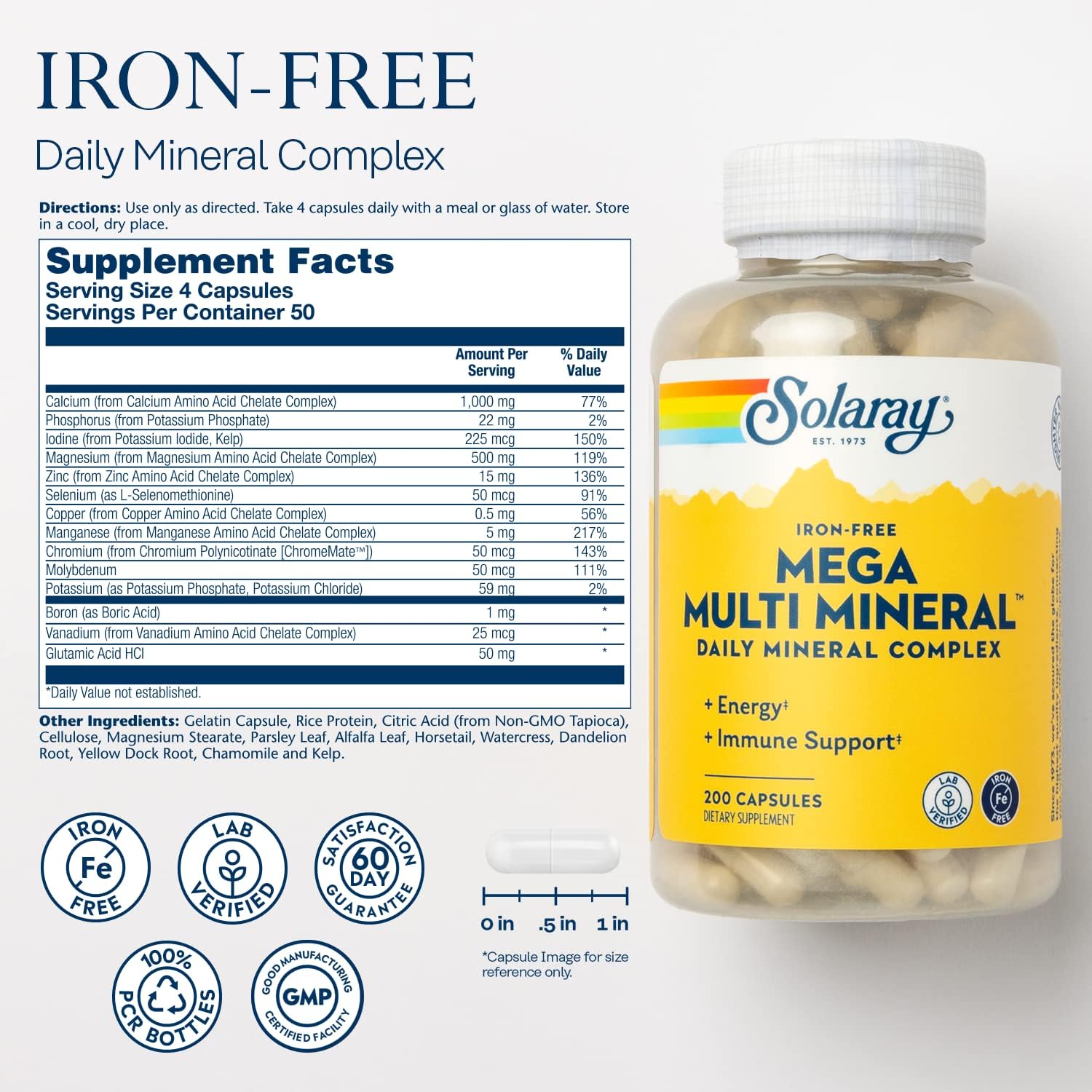 High Absorption Multi Mineral Complex with Calcium, Magnesium, Zinc - Iron-Free Formula for Energy and Immune Support - 200 Capsules, 60-Day Guarantee
