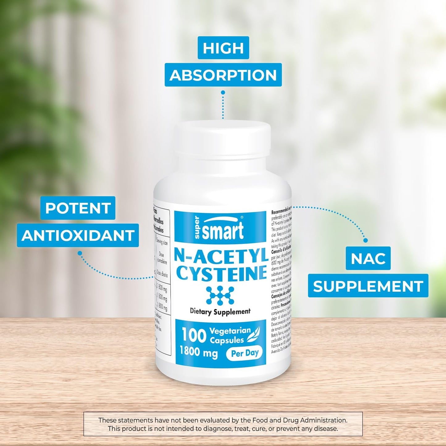High Absorption N-Acetyl Cysteine 1800mg Daily Supplement for Antioxidant Support - Glutathione Precursor - Non-GMO, Gluten-Free - 100 Capsules