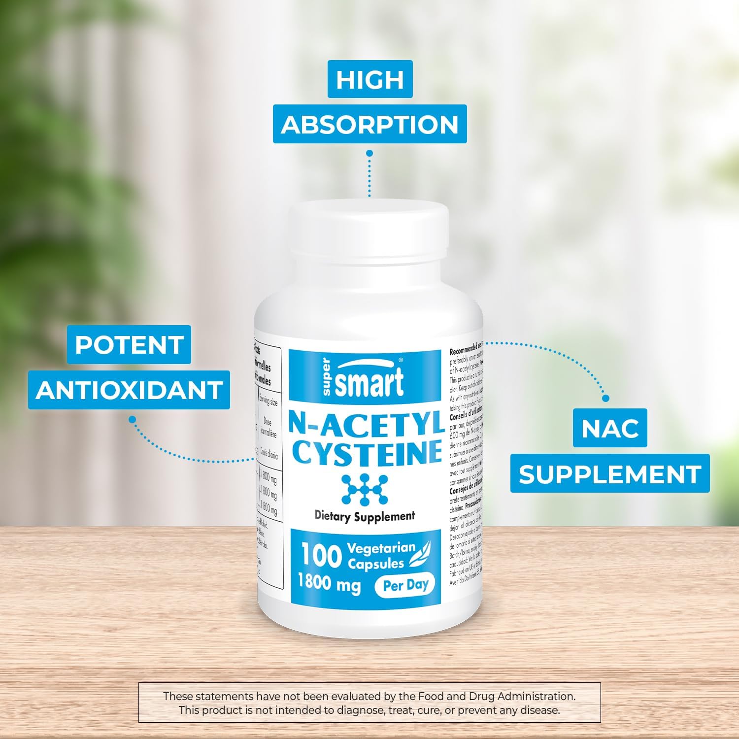 High Absorption N-Acetyl Cysteine 1800mg Daily Supplement for Antioxidant Support - Glutathione Precursor - Non-GMO, Gluten-Free - 100 Capsules