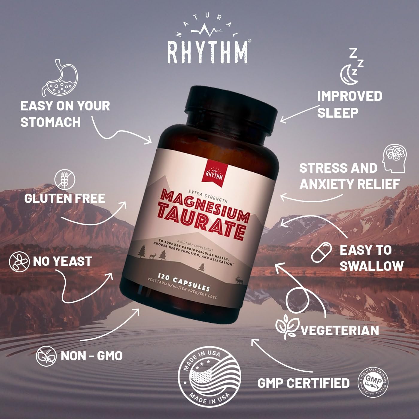High Absorption Natural Rhythm Magnesium Taurate Capsules - 750mg (150mg Magnesium) - 120 Count
