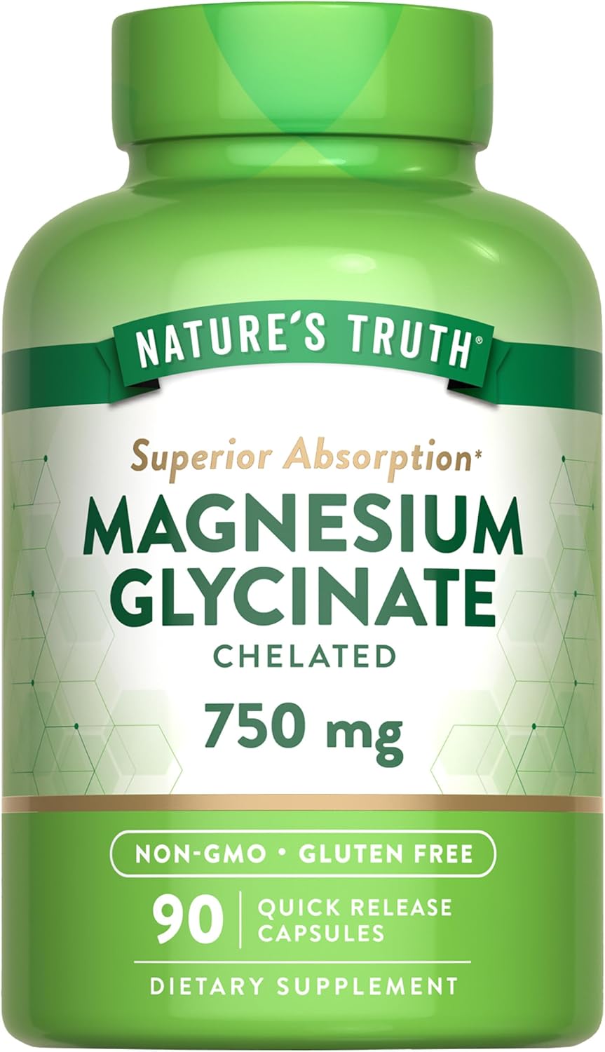 High Absorption Nature's Truth Magnesium Glycinate Capsules, 750mg, Quick Release Chelated Formula, Non-GMO & Gluten Free