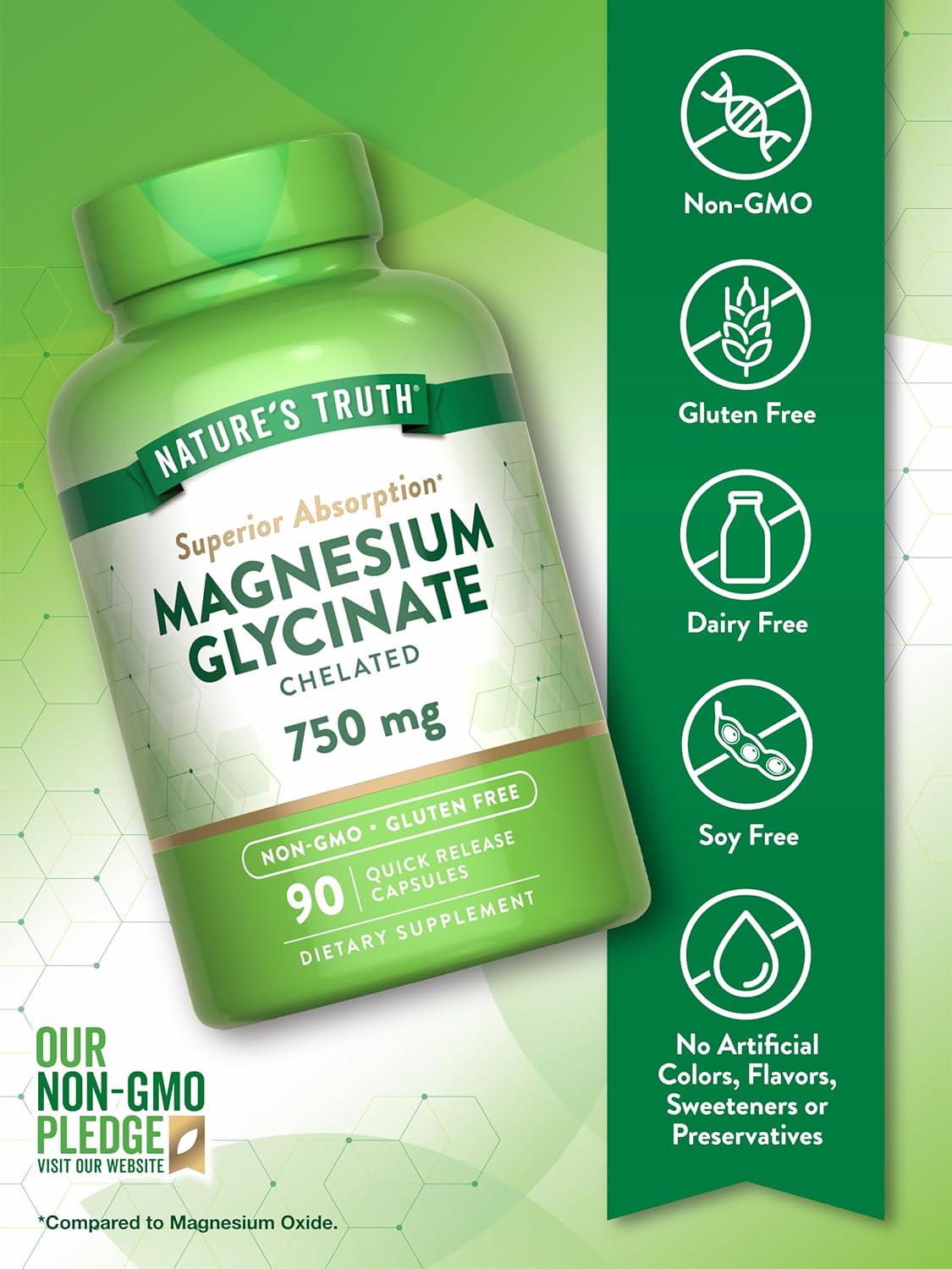 High Absorption Nature's Truth Magnesium Glycinate Capsules, 750mg, Quick Release Chelated Formula, Non-GMO & Gluten Free