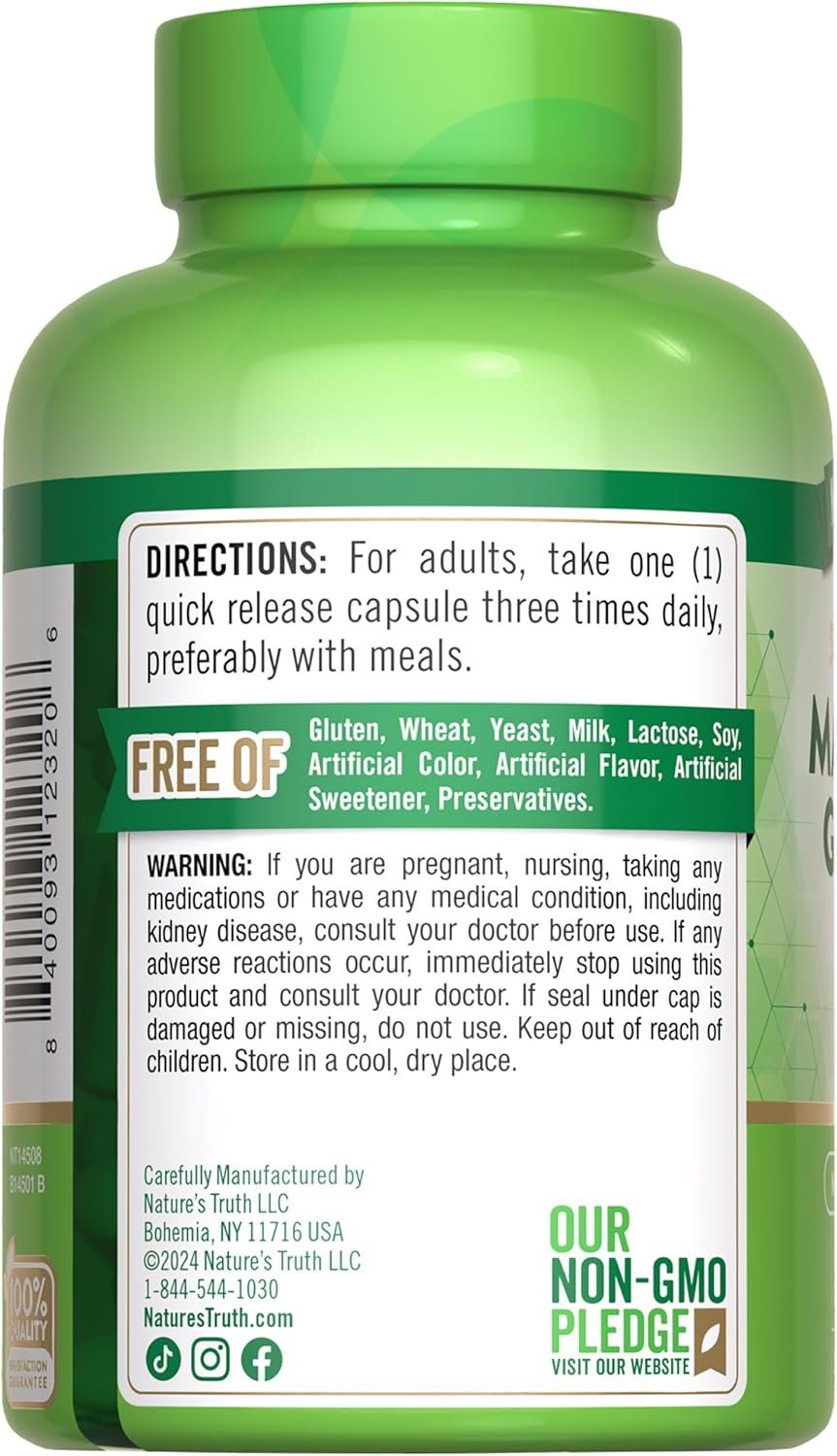 High Absorption Nature's Truth Magnesium Glycinate Capsules, 750mg, Quick Release Chelated Formula, Non-GMO & Gluten Free