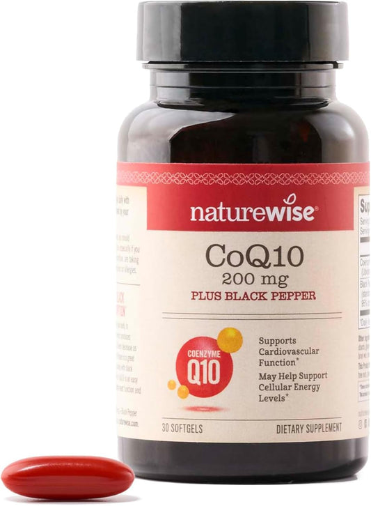 High Absorption NatureWise CoQ10 200mg Softgels with BioPerine Black Pepper - Vegan Antioxidant for Heart Health and Cellular Energy - 30 Count