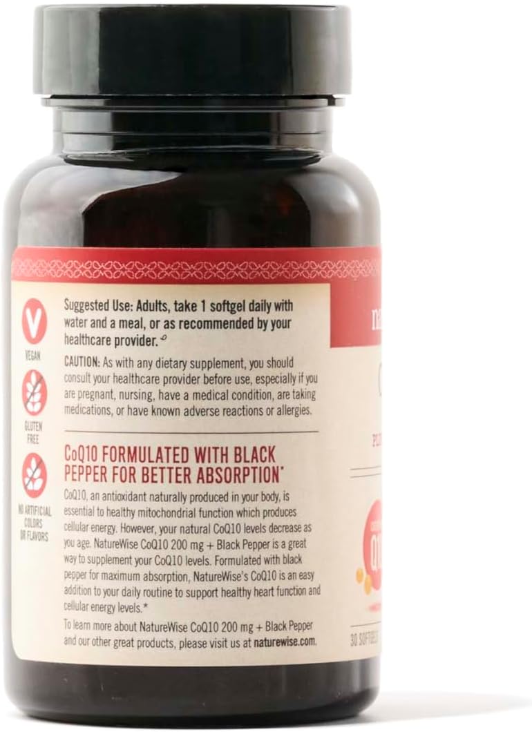 High Absorption NatureWise CoQ10 200mg Softgels with BioPerine Black Pepper - Vegan Antioxidant for Heart Health and Cellular Energy - 30 Count