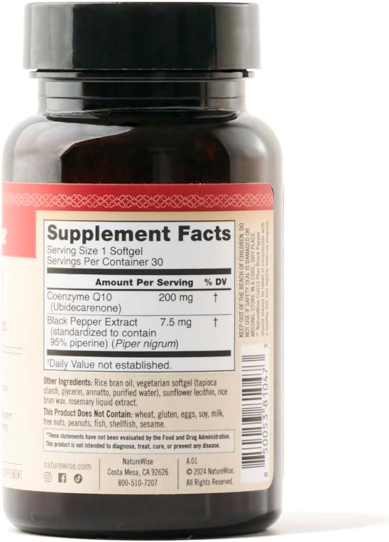 High Absorption NatureWise CoQ10 200mg Softgels with BioPerine Black Pepper - Vegan Antioxidant for Heart Health and Cellular Energy - 30 Count