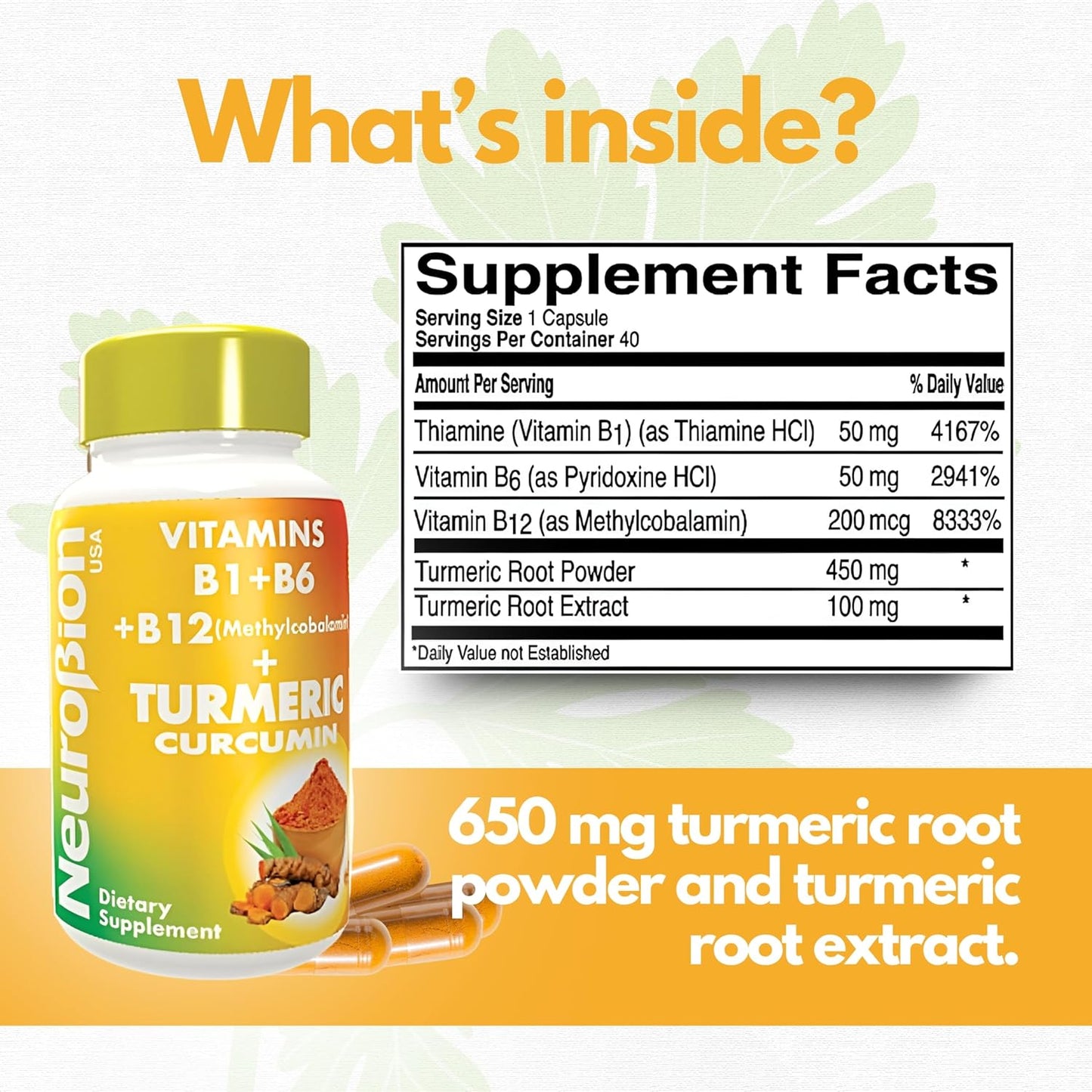 High Absorption Neurobion Turmeric Curcumin 650mg Antioxidant Support Complex with B12 - 40 Capsules