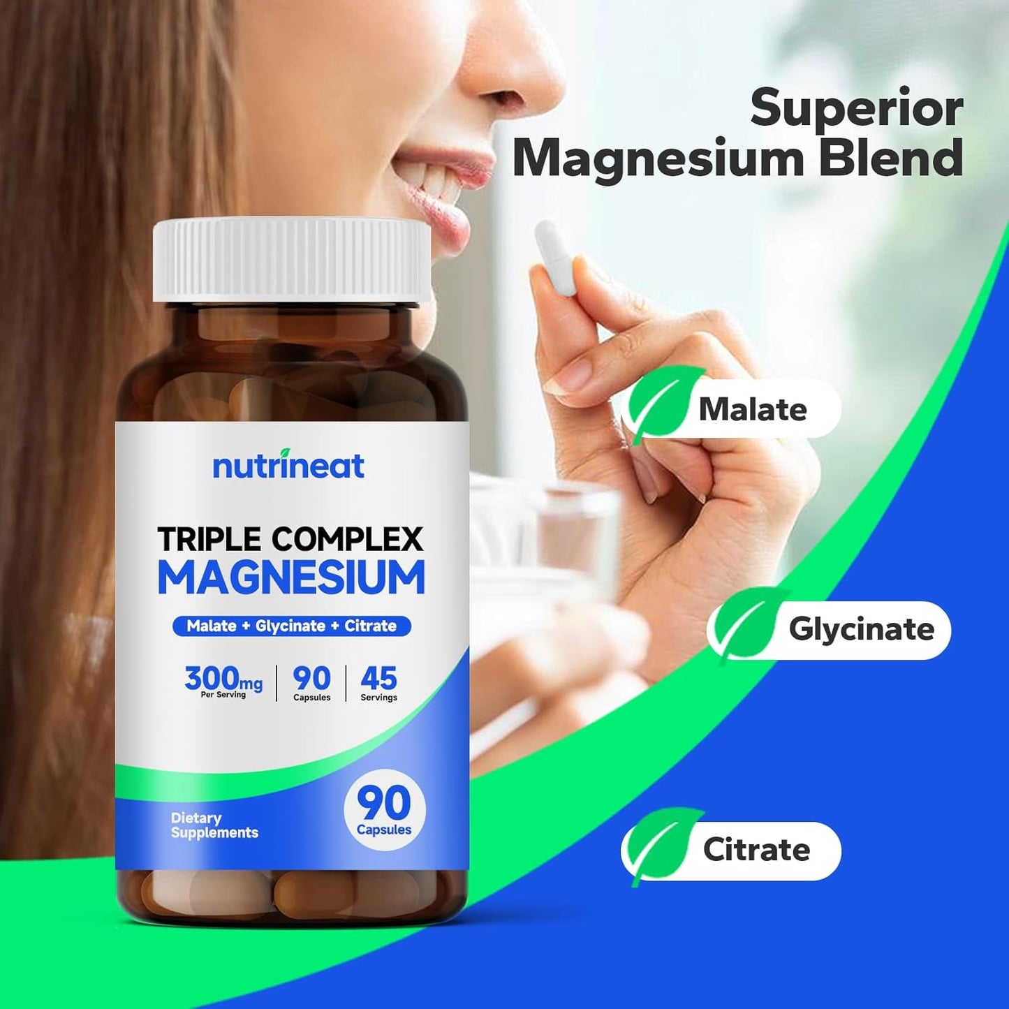 High Absorption NutriNeat Triple Magnesium Complex Capsules, 90 Count, 300mg Magnesium Glycinate, Citrate & Malate, Muscle Vitality Enhancing Supplement for Performance & Strength Boost