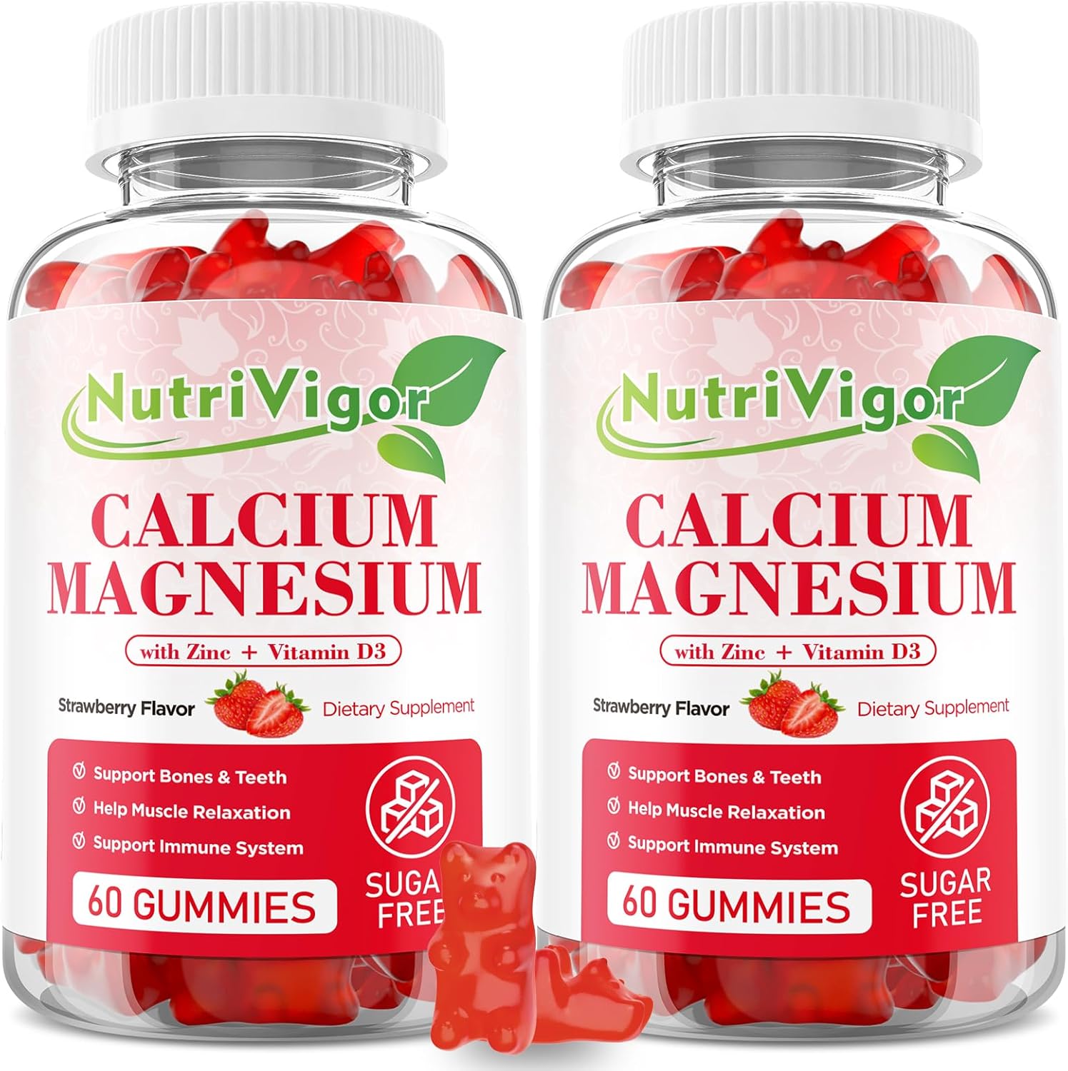 High Absorption NutriVigor Calcium Magnesium Zinc Gummies - 300mg Magnesium, D3 Bone & Muscle Support - Strawberry Flavor, 120 Count - Kids & Adults
