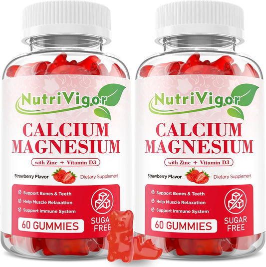 High Absorption NutriVigor Calcium Magnesium Zinc Gummies - 300mg Magnesium, D3 Bone & Muscle Support - Strawberry Flavor, 120 Count - Kids & Adults