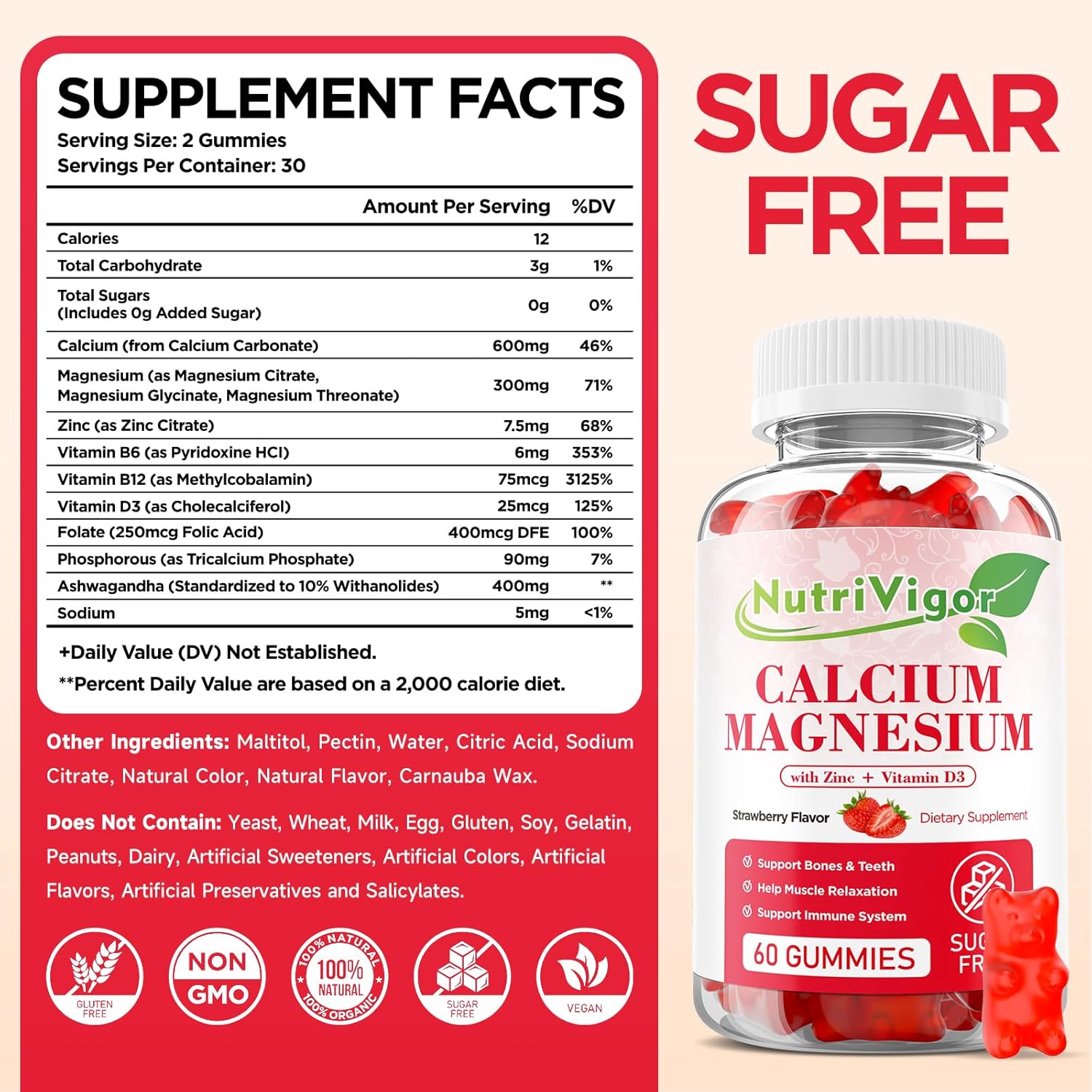 High Absorption NutriVigor Calcium Magnesium Zinc Gummies - 300mg Magnesium, D3 Bone & Muscle Support - Strawberry Flavor, 120 Count - Kids & Adults