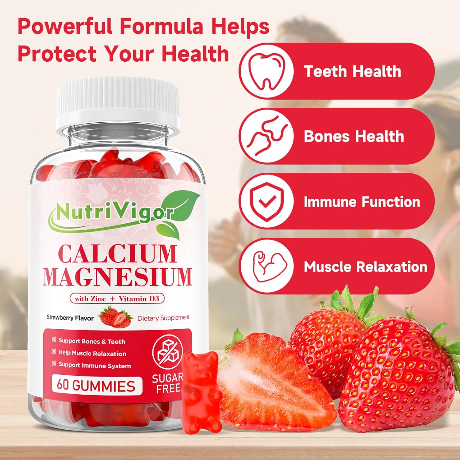 High Absorption NutriVigor Calcium Magnesium Zinc Gummies - 300mg Magnesium, D3 Bone & Muscle Support - Strawberry Flavor, 120 Count - Kids & Adults