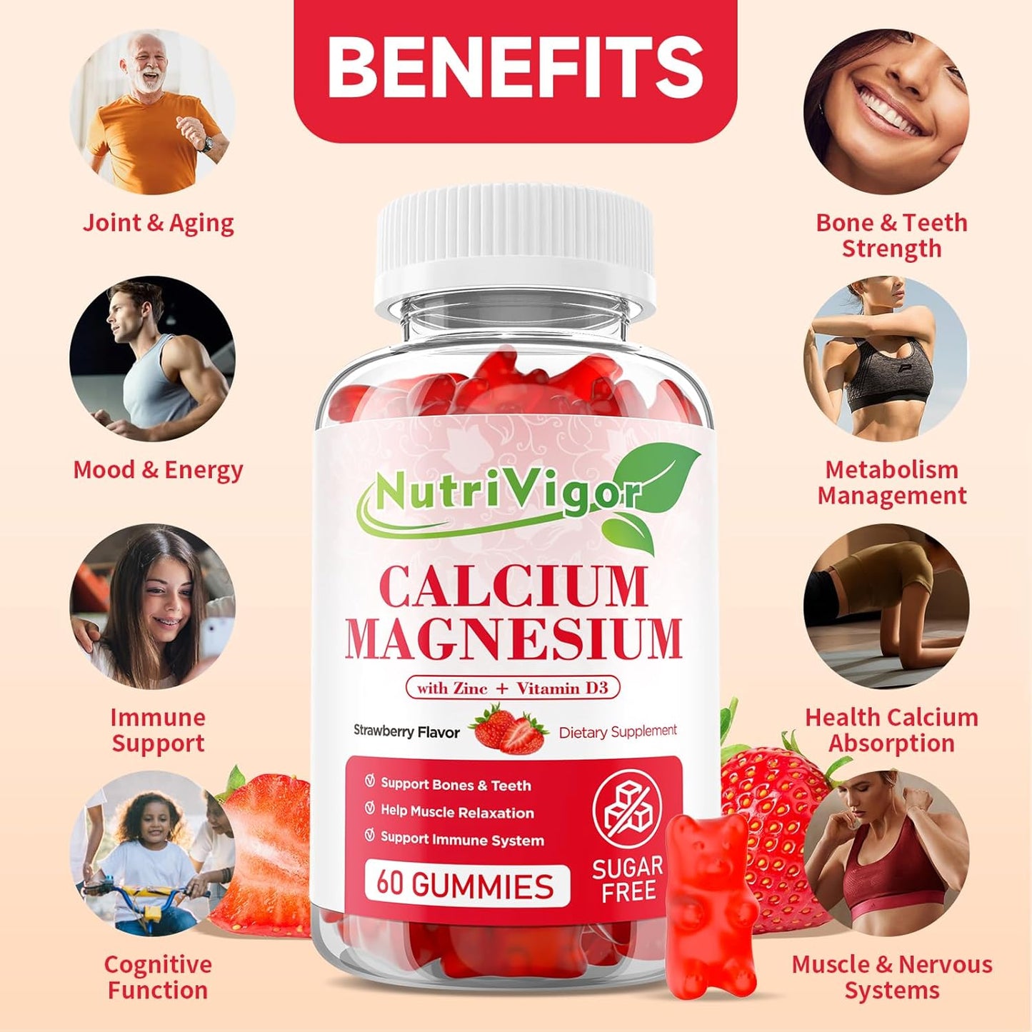 High Absorption NutriVigor Calcium Magnesium Zinc Gummies - 300mg Magnesium, D3 Bone & Muscle Support - Strawberry Flavor, 120 Count - Kids & Adults