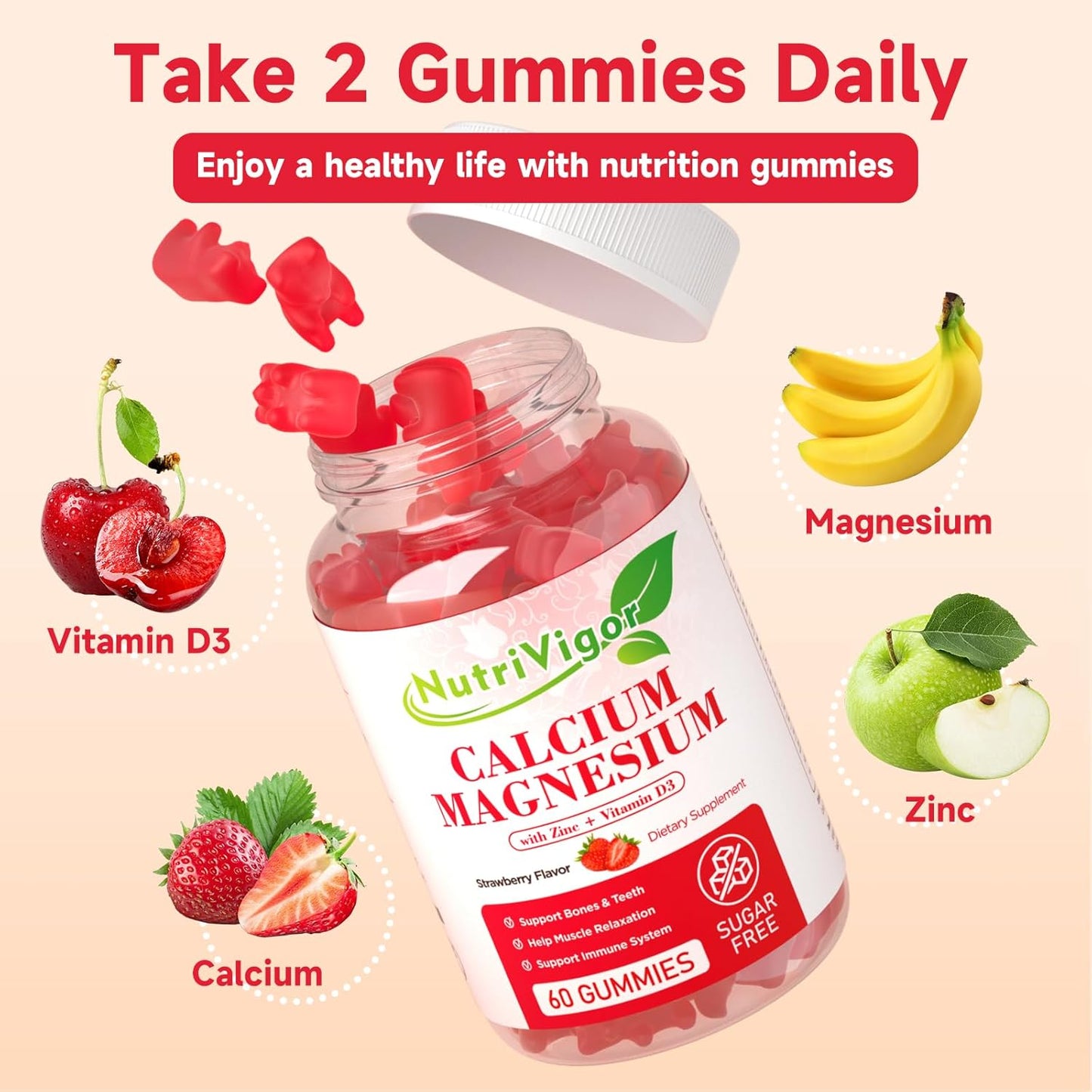 High Absorption NutriVigor Calcium Magnesium Zinc Gummies - 300mg Magnesium, D3 Bone & Muscle Support - Strawberry Flavor, 120 Count - Kids & Adults