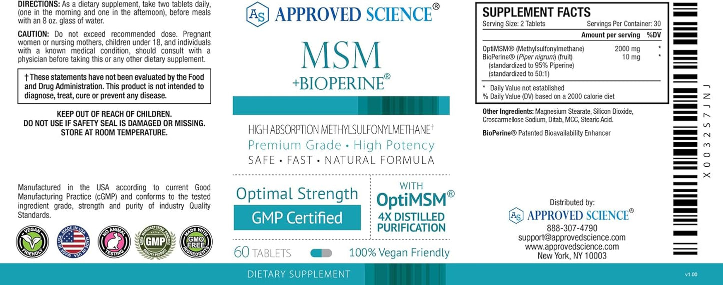 High Absorption OptiMSM 2000mg Tablets for Joint, Muscle, and Skin Health - Boost Immunity - Vegan - Non-GMO - Made in USA