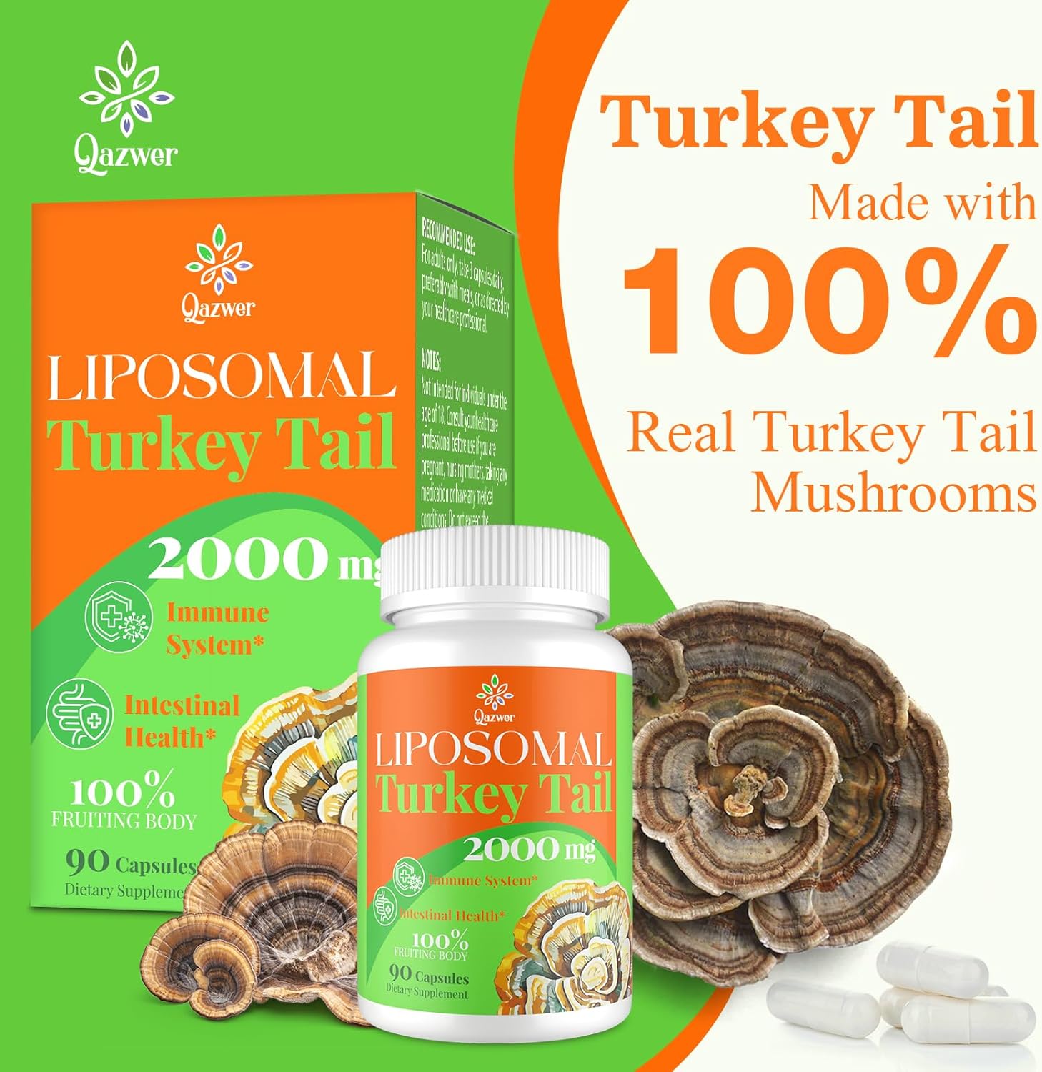 High Absorption Organic Turkey Tail Mushroom Extract Capsules 2000MG - Immune Support & Digestive Health Supplement - 90 Capsules - Non-GMO