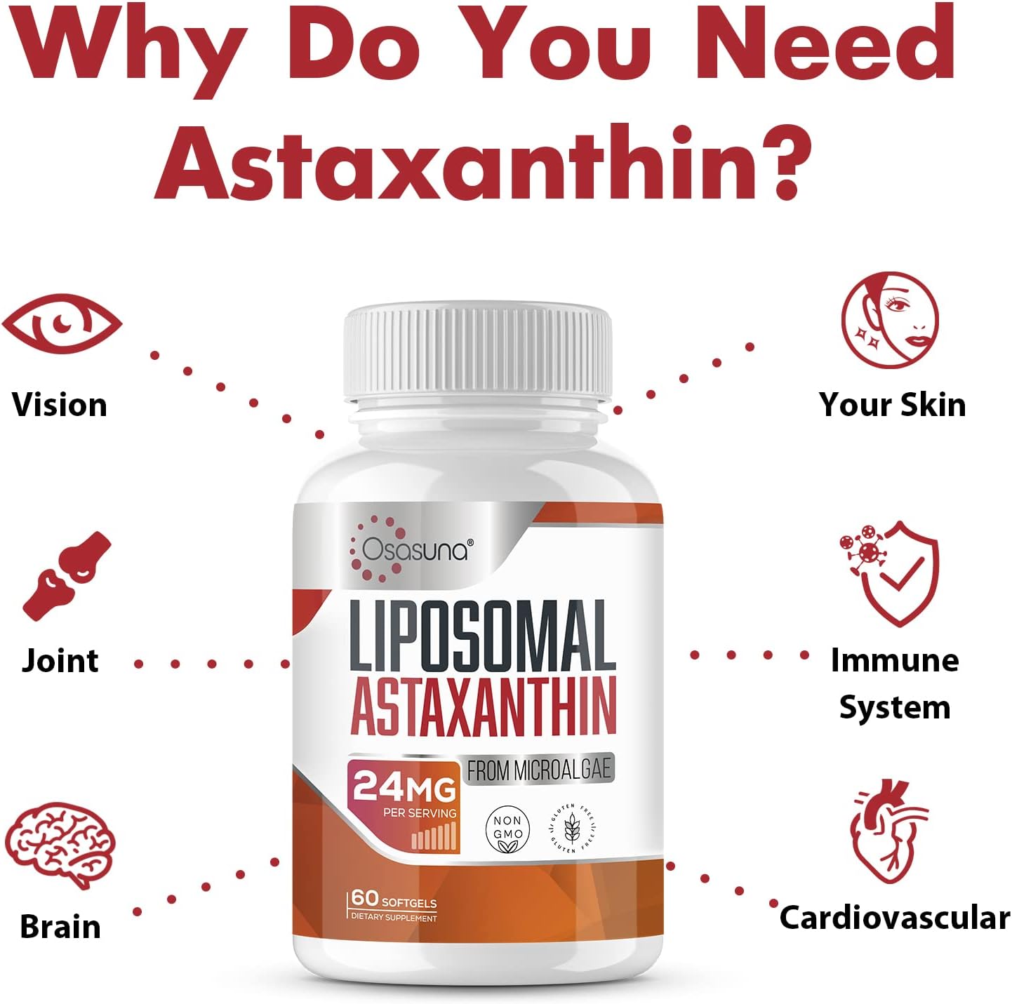 High Absorption Osasuna 24mg Astaxanthin Softgels - Powerful Antioxidant, Immune Support, Eye & Skin Health - 180ct