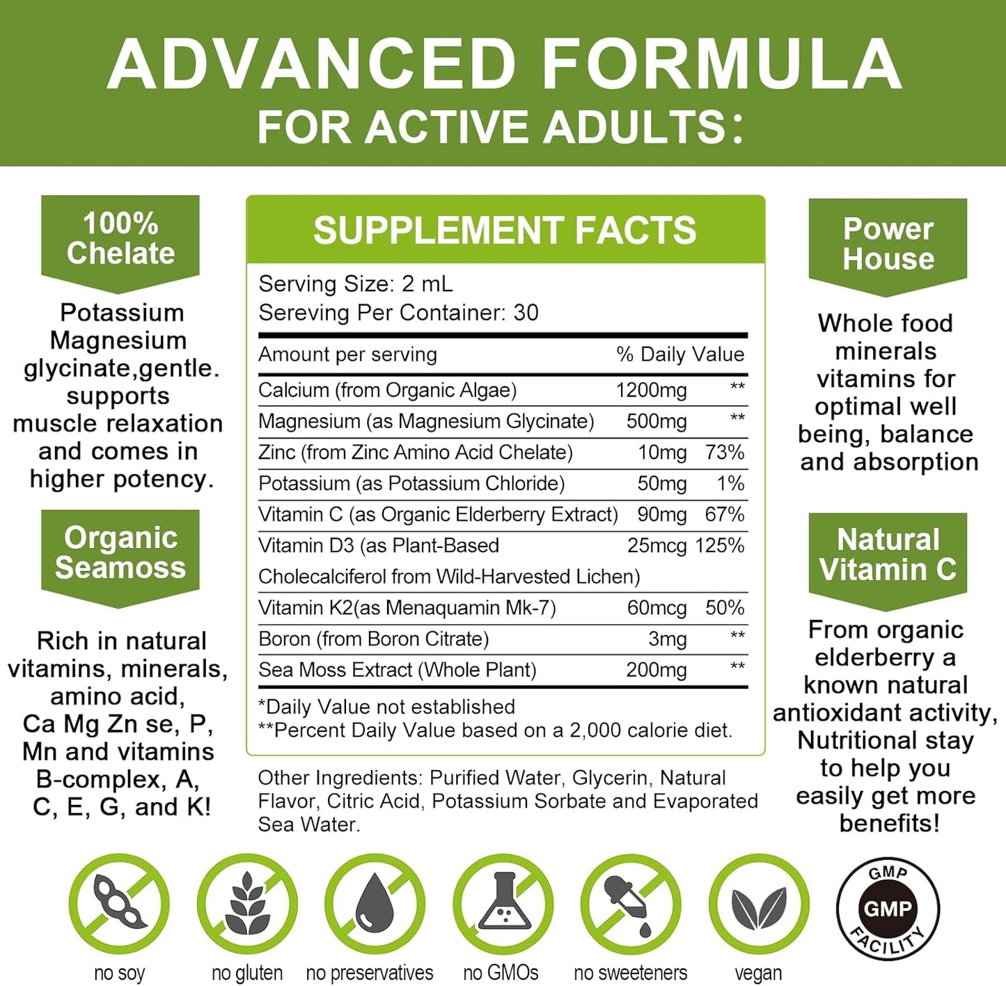 High Absorption Plant Calcium Supplement with Vitamin D3, Magnesium, and Zinc | Liquid Multivitamin for Heart and Bone Health | Gluten and Sugar-Free | 60 Servings Lemon Flavor
