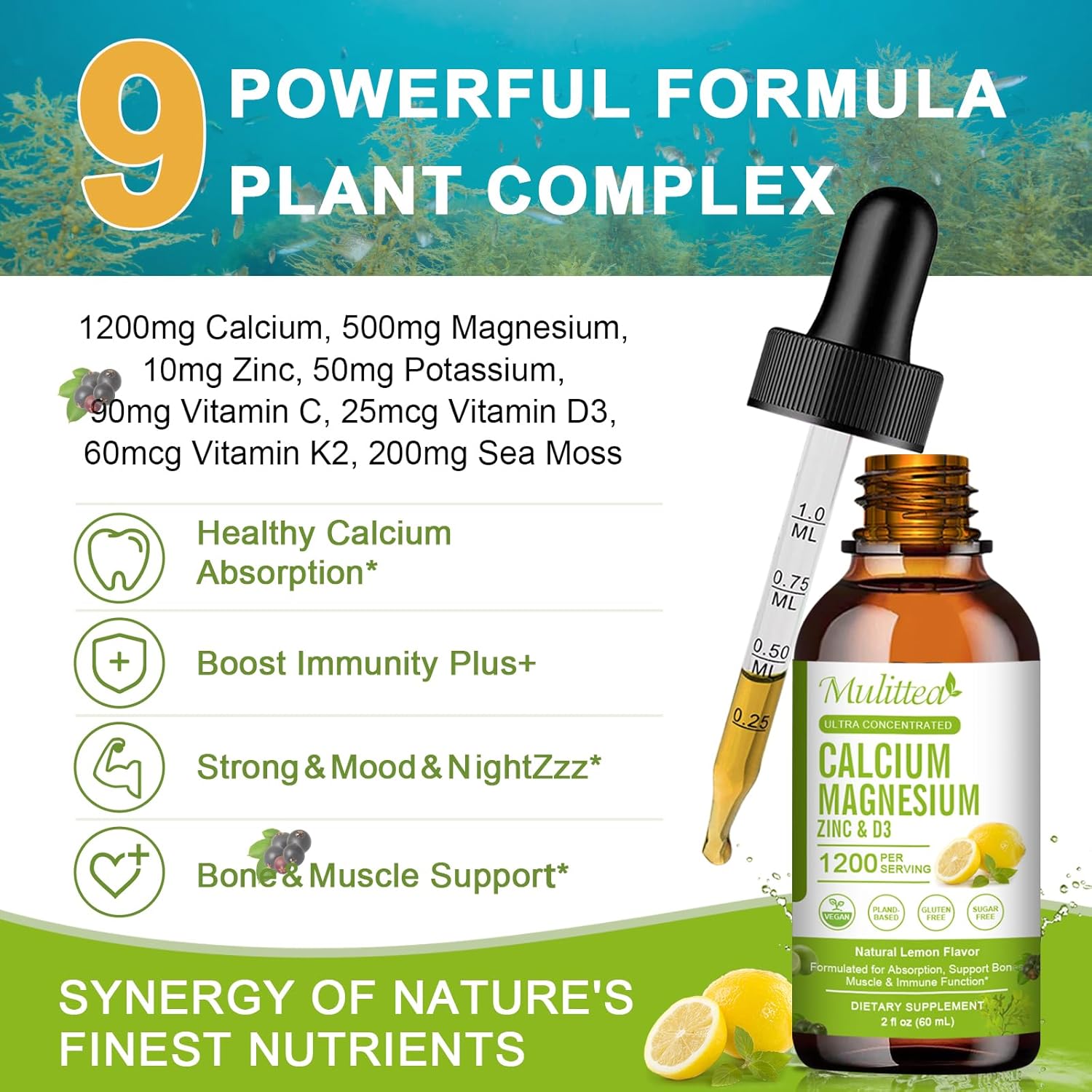 High Absorption Plant Calcium Supplement with Vitamin D3, Magnesium, and Zinc | Liquid Multivitamin for Heart and Bone Health | Gluten and Sugar-Free | 60 Servings Lemon Flavor