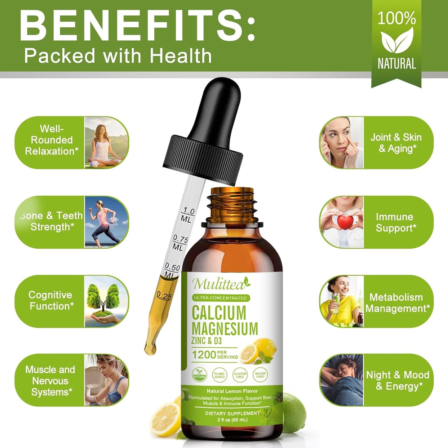 High Absorption Plant Calcium Supplement with Vitamin D3, Magnesium, and Zinc | Liquid Multivitamin for Heart and Bone Health | Gluten and Sugar-Free | 60 Servings Lemon Flavor