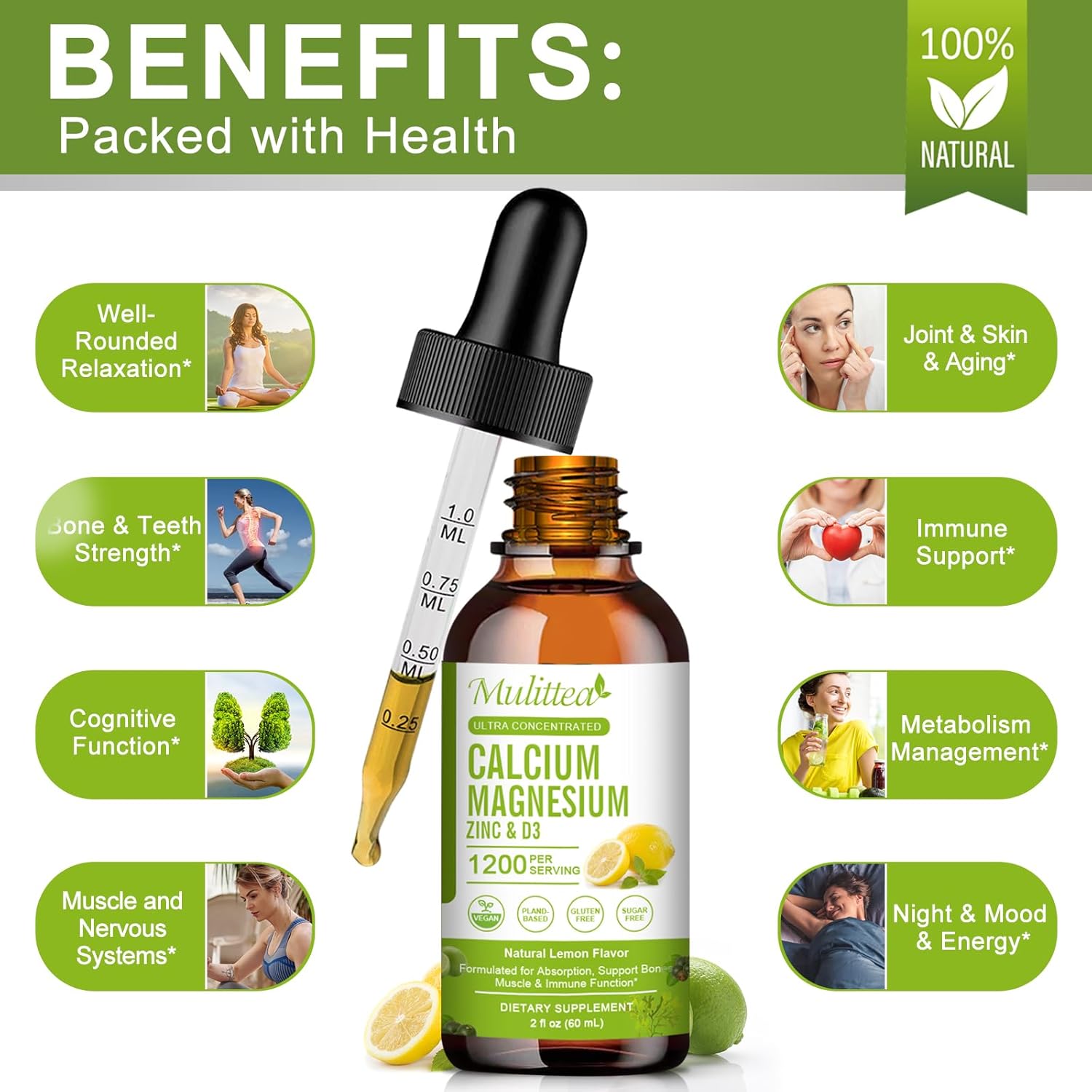 High Absorption Plant Calcium Supplement with Vitamin D3, Magnesium, and Zinc | Liquid Multivitamin for Heart and Bone Health | Gluten and Sugar-Free | 60 Servings Lemon Flavor