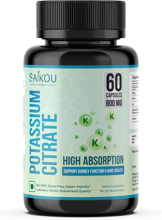 High Absorption Potassium Citrate Supplement - 800mg, 60 Servings for Electrolyte Balance, Kidney & Bone Health