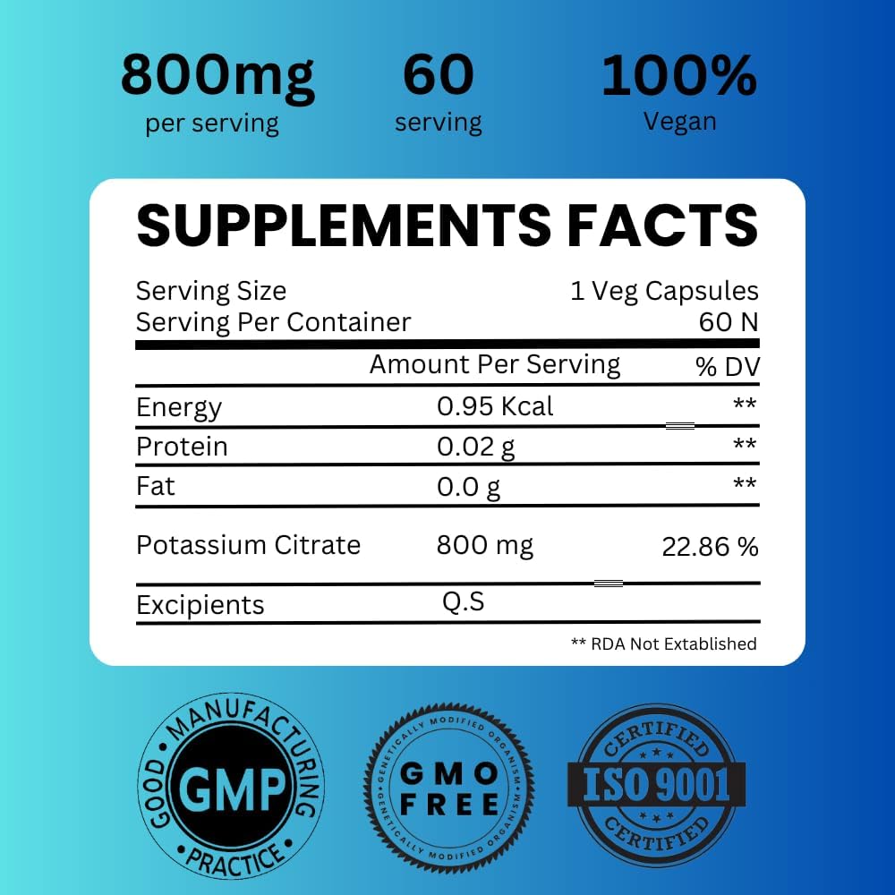 High Absorption Potassium Citrate Supplement - 800mg, 60 Servings for Electrolyte Balance, Kidney & Bone Health