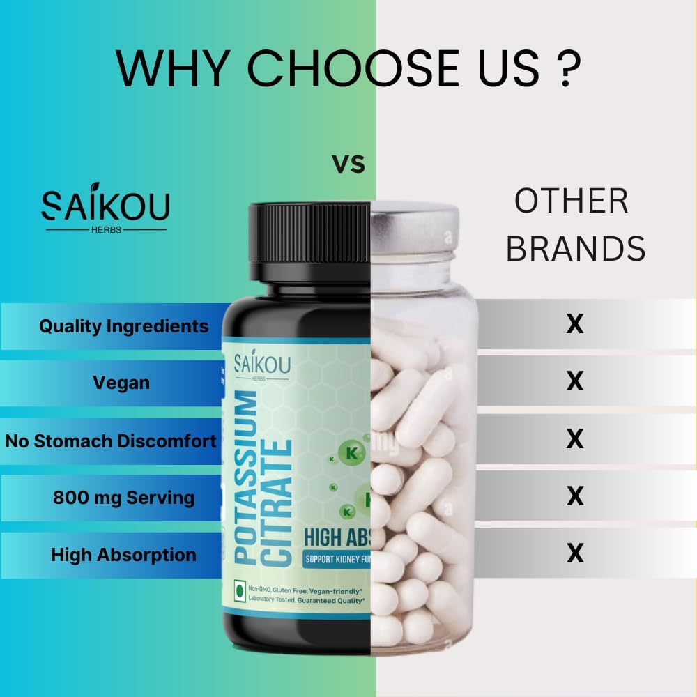 High Absorption Potassium Citrate Supplement - 800mg, 60 Servings for Electrolyte Balance, Kidney & Bone Health