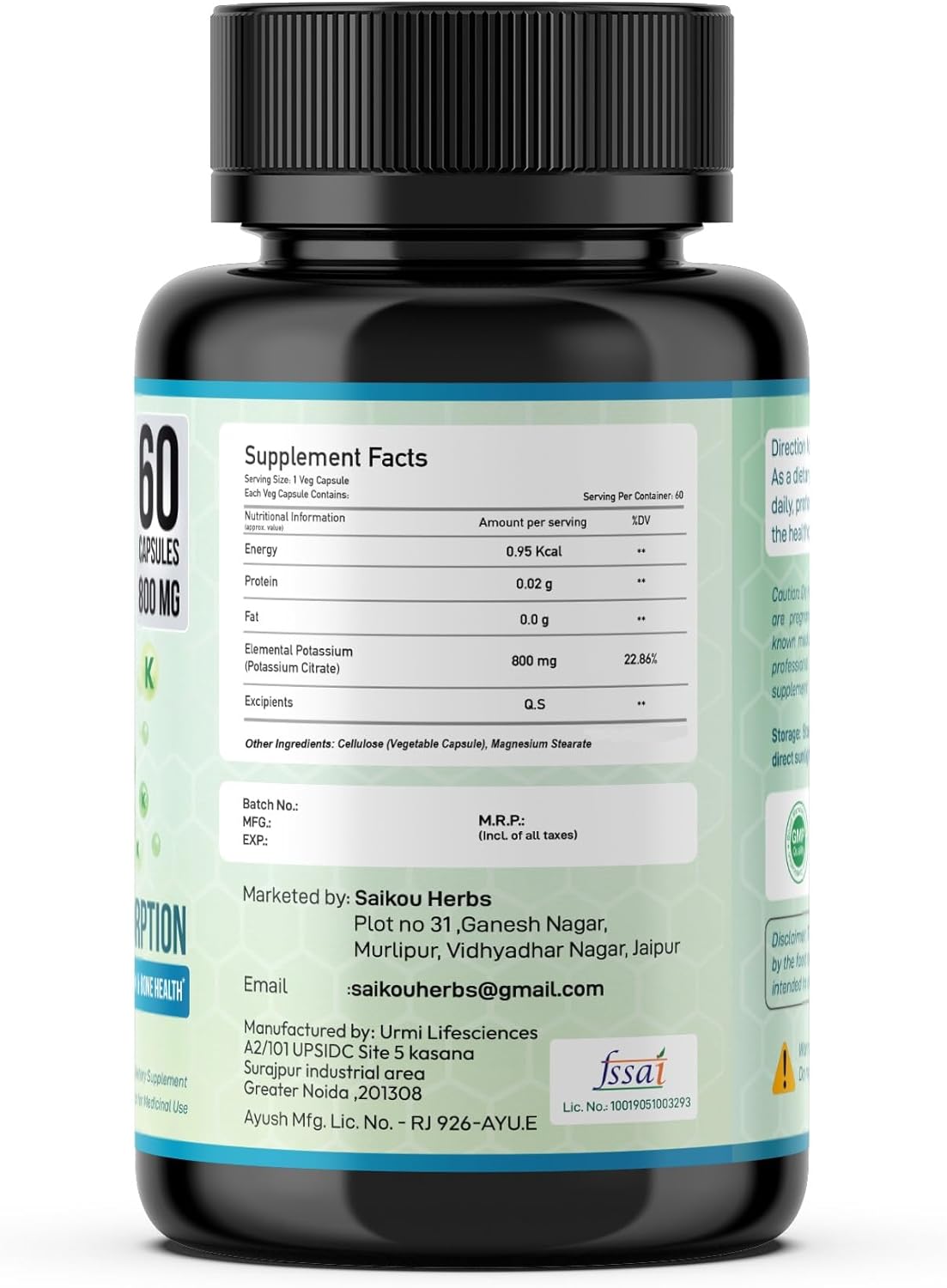 High Absorption Potassium Citrate Supplement - 800mg, 60 Servings for Electrolyte Balance, Kidney & Bone Health