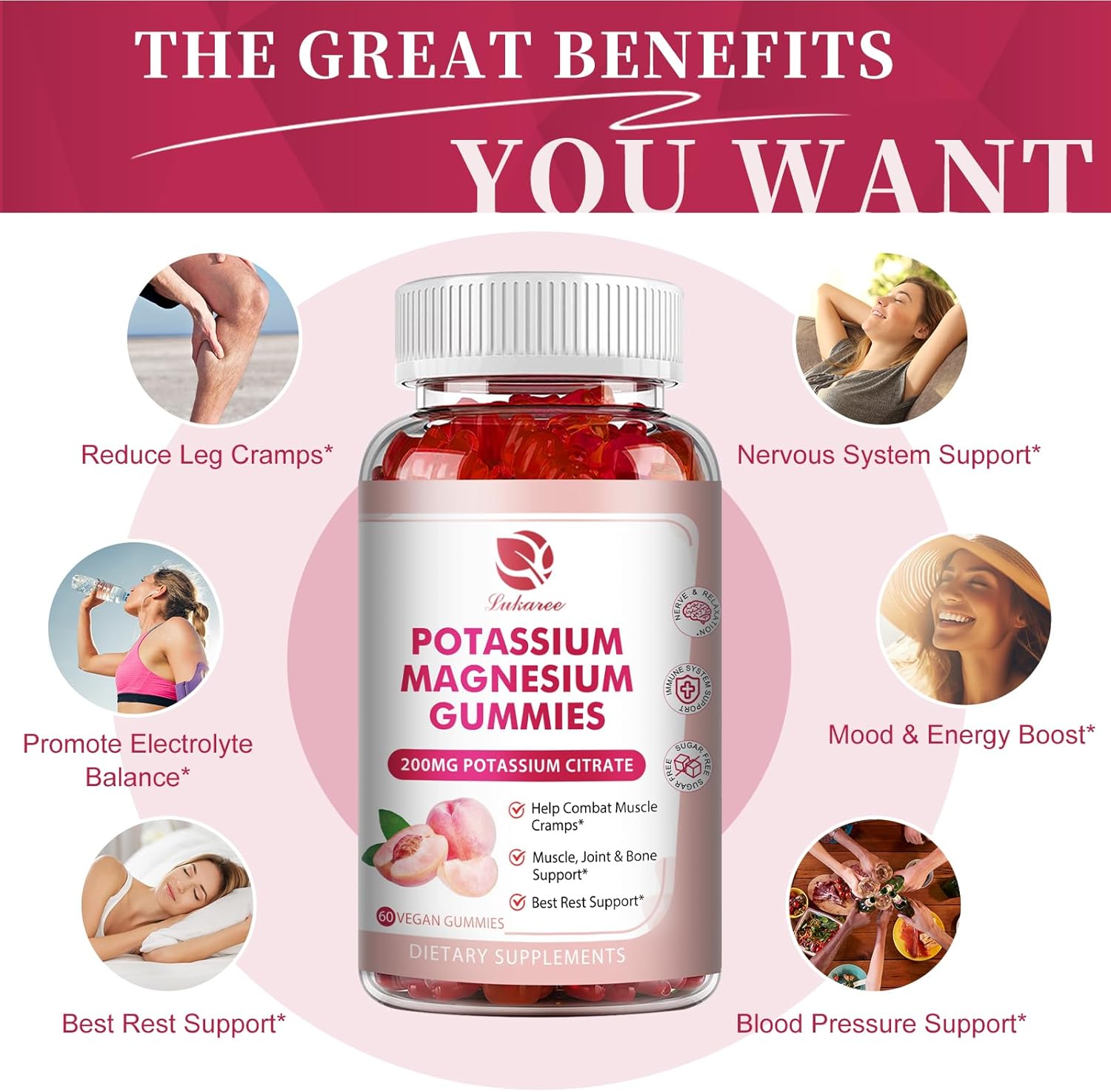 High Absorption Potassium Magnesium Gummies with Omega 3, B6, D3, K2 & Calcium - Chewable Gummy for Leg Cramps, Immunity & Energy - 60 Count