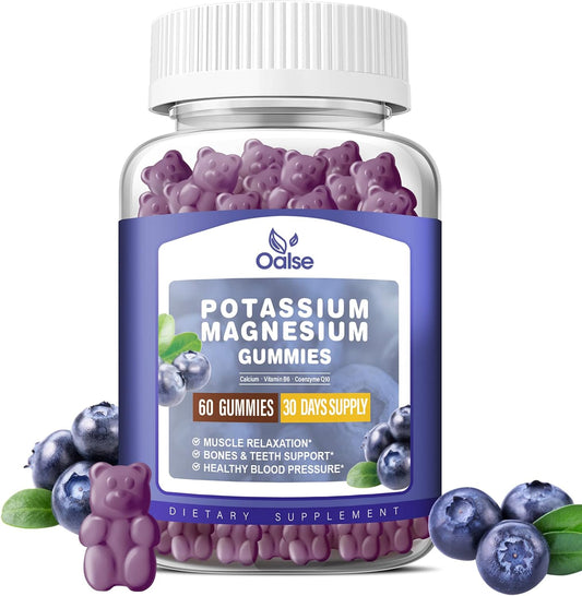 High Absorption Potassium Magnesium Gummy Supplements for Leg & Muscle Health - Blueberry Flavor, 60 Count