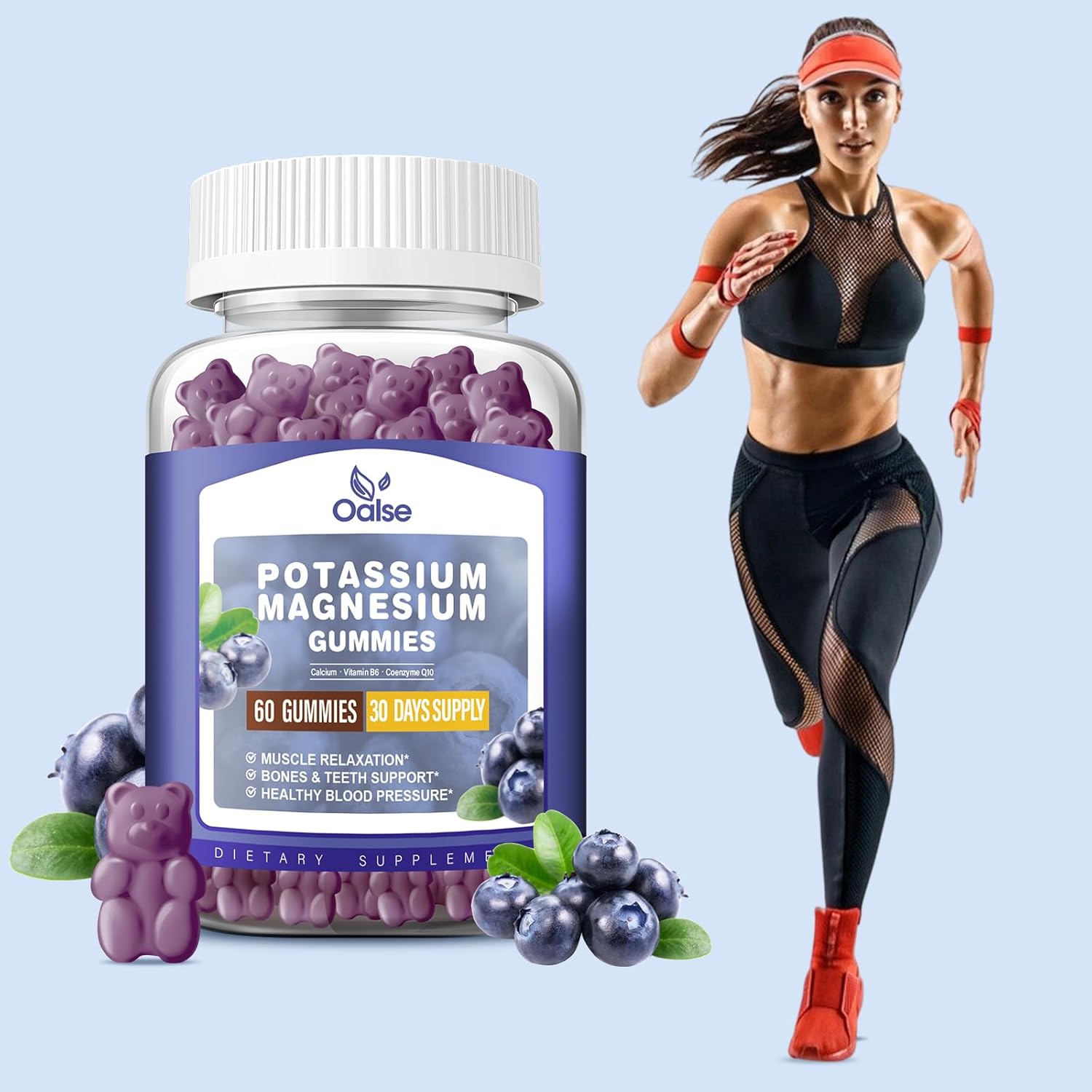 High Absorption Potassium Magnesium Gummy Supplements for Leg & Muscle Health - Blueberry Flavor, 60 Count