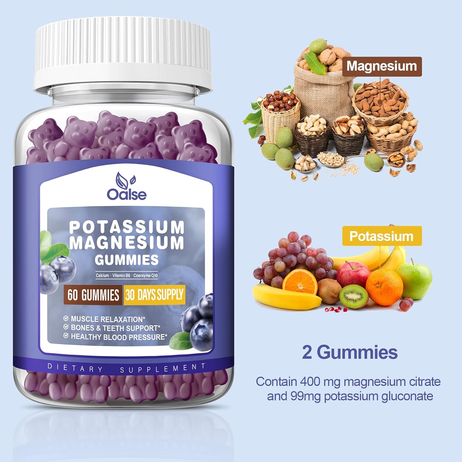 High Absorption Potassium Magnesium Gummy Supplements for Leg & Muscle Health - Blueberry Flavor, 60 Count