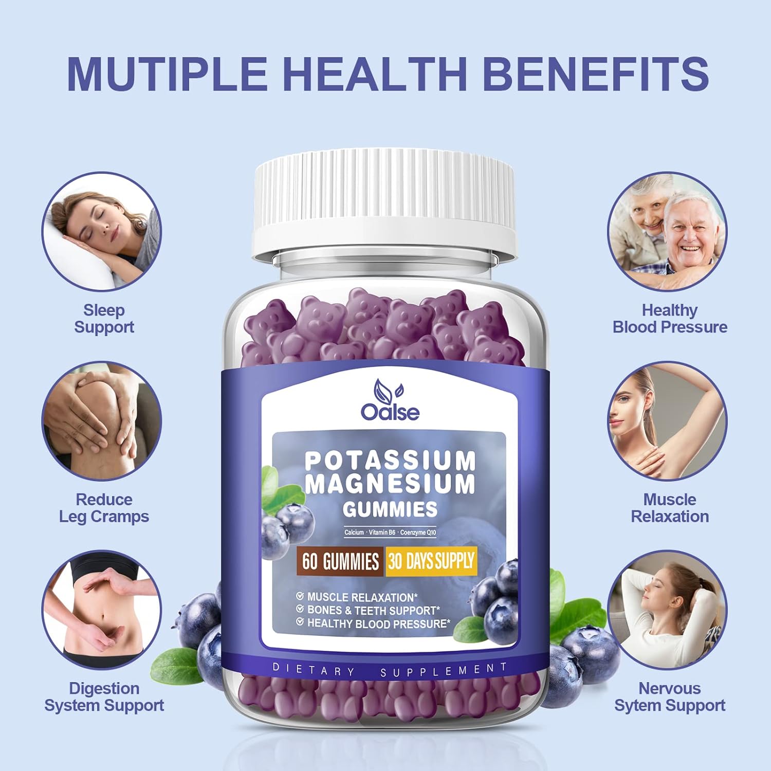 High Absorption Potassium Magnesium Gummy Supplements for Leg & Muscle Health - Blueberry Flavor, 60 Count