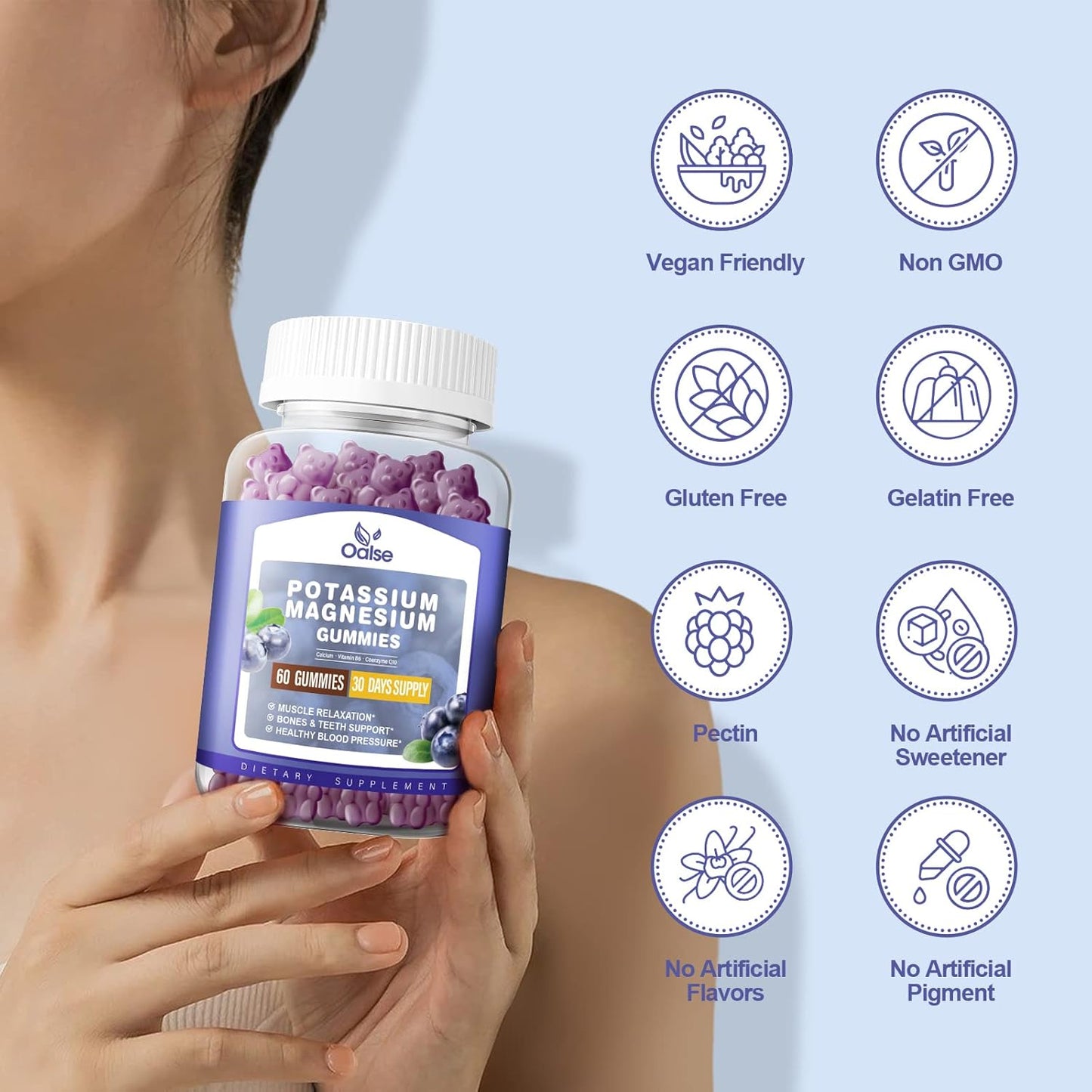 High Absorption Potassium Magnesium Gummy Supplements for Leg & Muscle Health - Blueberry Flavor, 60 Count