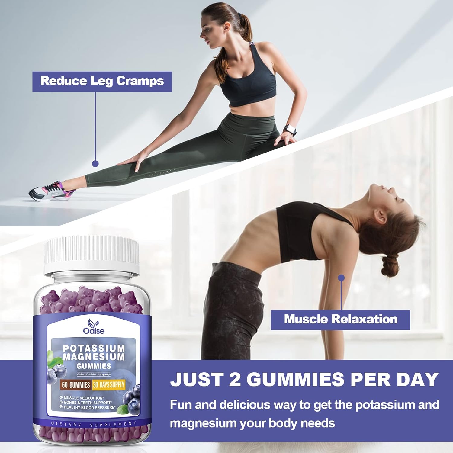 High Absorption Potassium Magnesium Gummy Supplements for Leg & Muscle Health - Blueberry Flavor, 60 Count