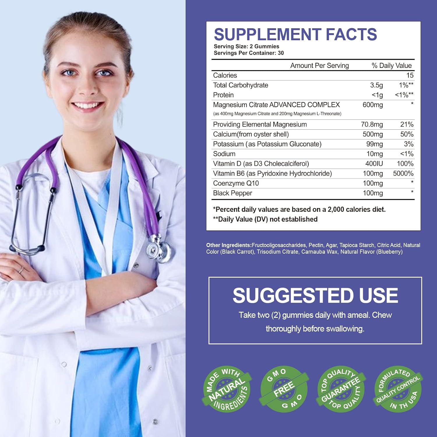 High Absorption Potassium Magnesium Gummy Supplements for Leg & Muscle Health - Blueberry Flavor, 60 Count