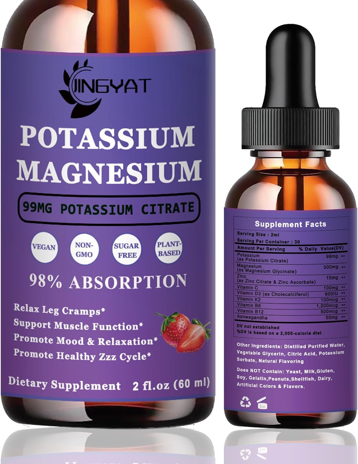 High Absorption Potassium Magnesium Liquid Drops Supplement - Non-GMO, Gluten Free, Zinc, Vitamins C, D3, B Complex - Bone, Heart, Muscle & Nerve Support