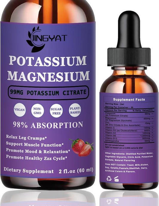High Absorption Potassium Magnesium Liquid Drops Supplement - Non-GMO, Gluten Free, Zinc, Vitamins C, D3, B Complex - Bone, Heart, Muscle & Nerve Support