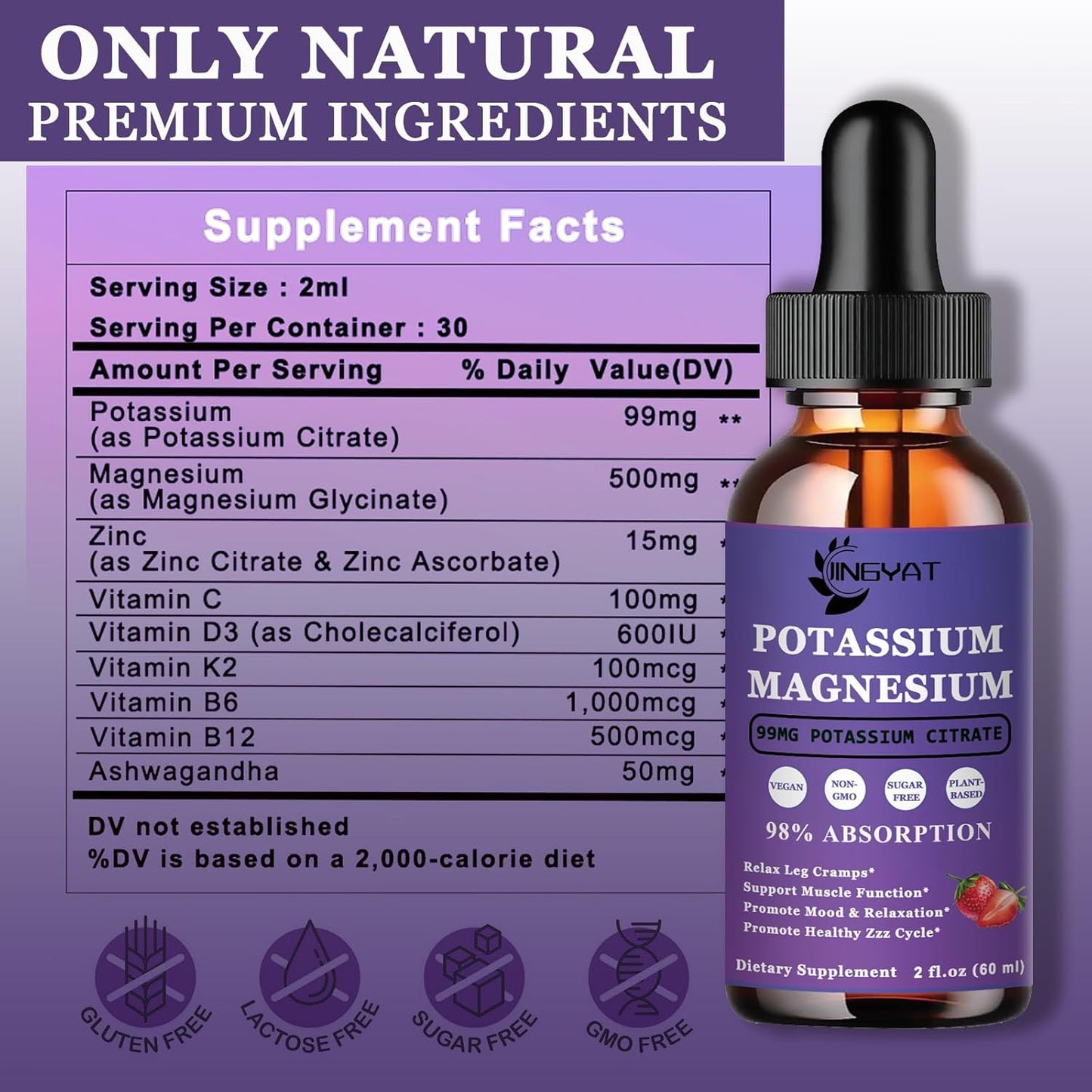 High Absorption Potassium Magnesium Liquid Drops Supplement - Non-GMO, Gluten Free, Zinc, Vitamins C, D3, B Complex - Bone, Heart, Muscle & Nerve Support