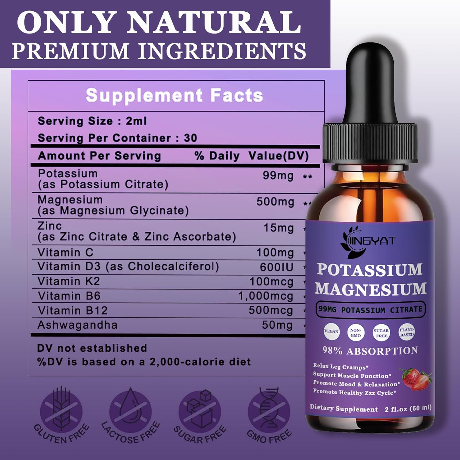 High Absorption Potassium Magnesium Liquid Drops Supplement - Non-GMO, Gluten Free, Zinc, Vitamins C, D3, B Complex - Bone, Heart, Muscle & Nerve Support