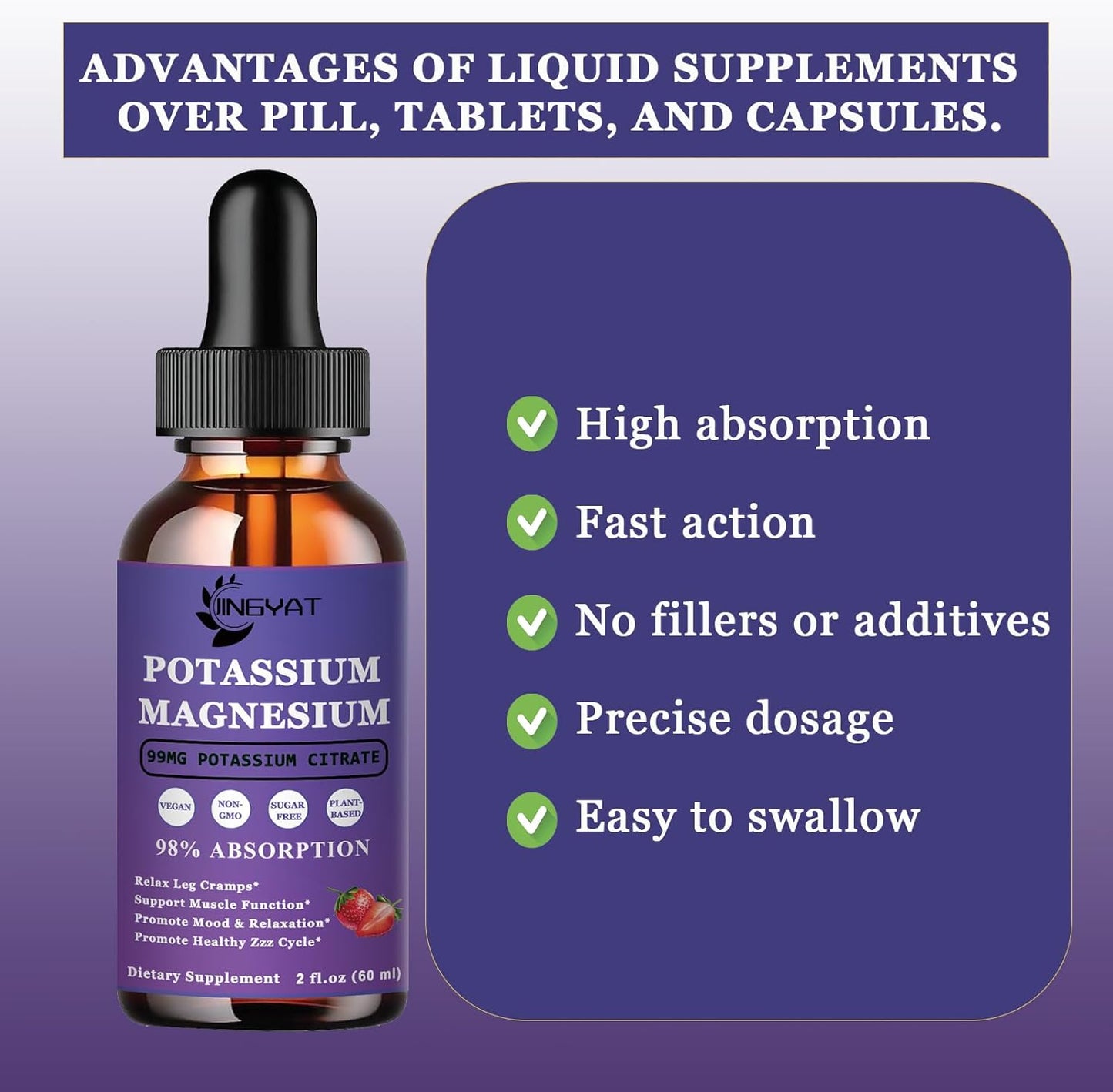 High Absorption Potassium Magnesium Liquid Drops Supplement - Non-GMO, Gluten Free, Zinc, Vitamins C, D3, B Complex - Bone, Heart, Muscle & Nerve Support