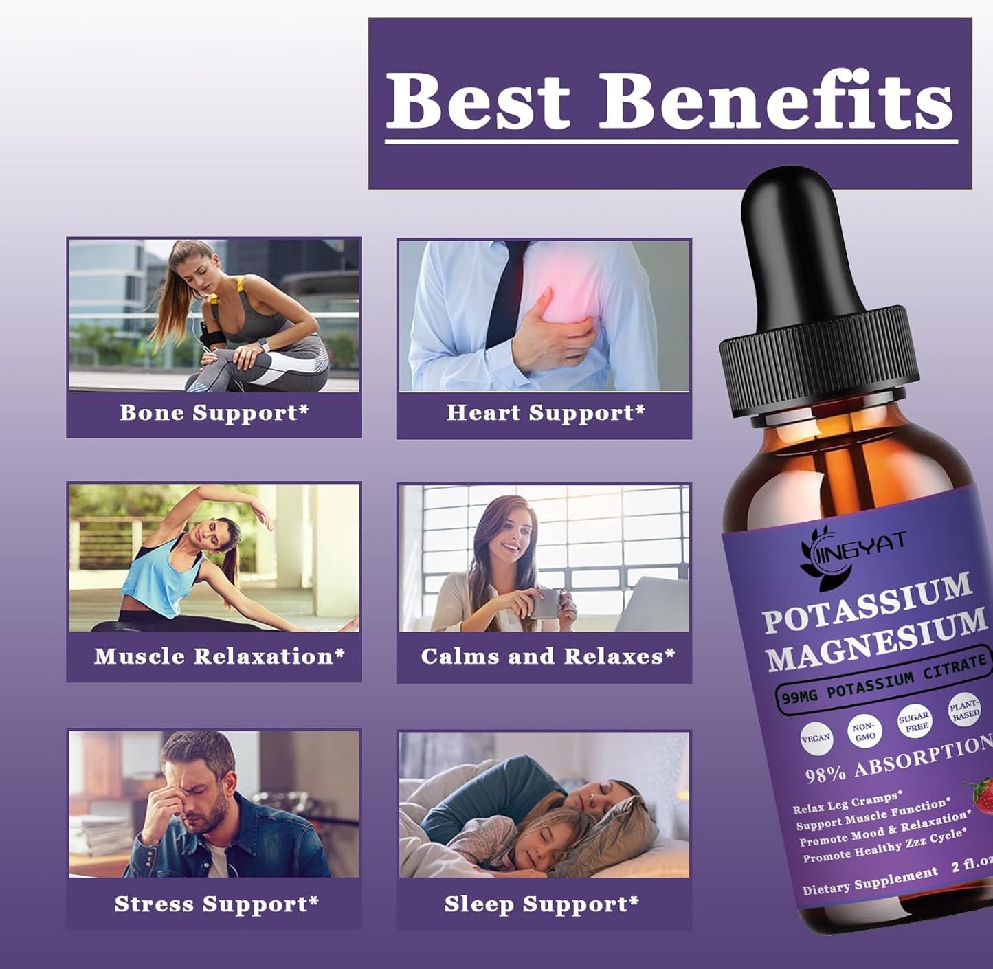 High Absorption Potassium Magnesium Liquid Drops Supplement - Non-GMO, Gluten Free, Zinc, Vitamins C, D3, B Complex - Bone, Heart, Muscle & Nerve Support