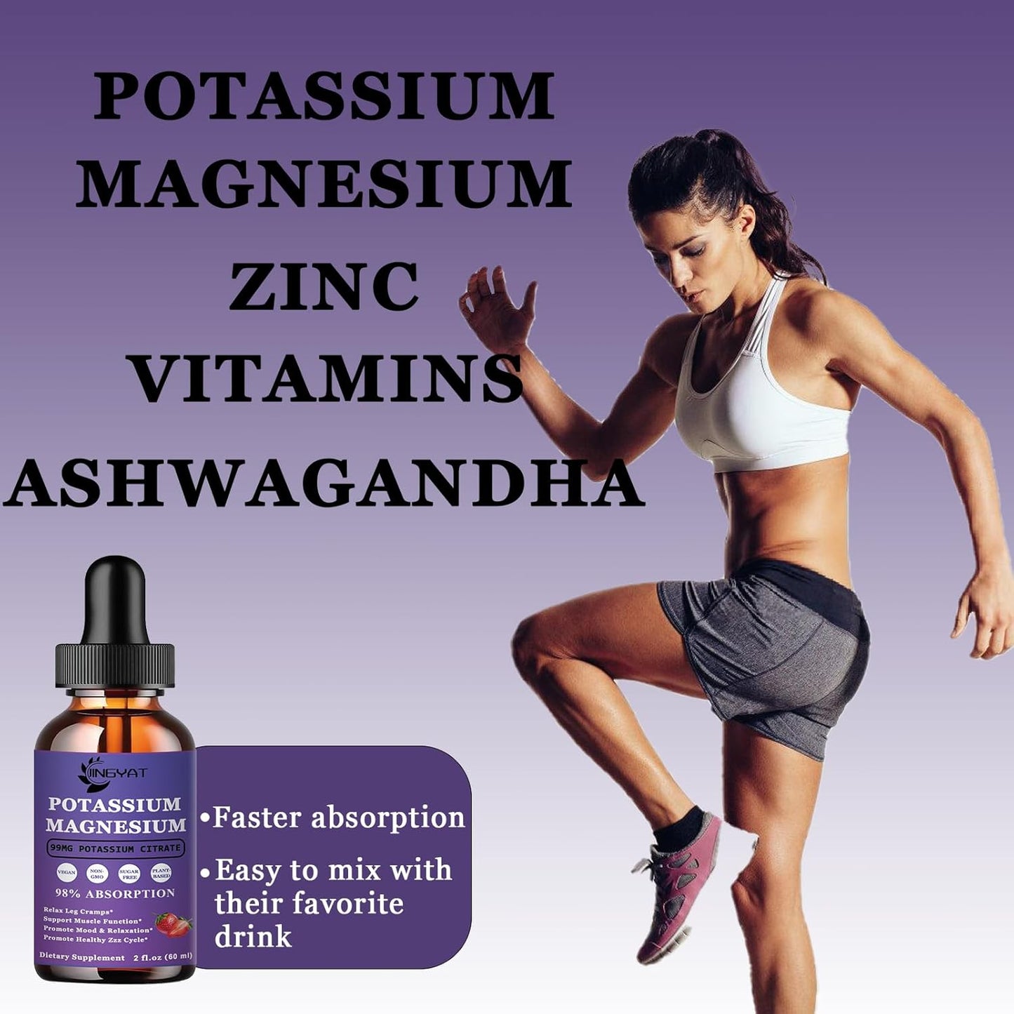 High Absorption Potassium Magnesium Liquid Drops Supplement - Non-GMO, Gluten Free, Zinc, Vitamins C, D3, B Complex - Bone, Heart, Muscle & Nerve Support