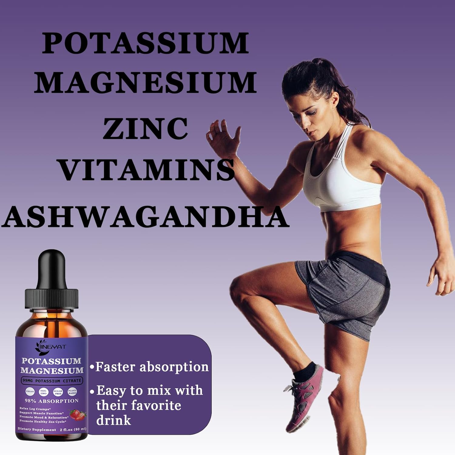 High Absorption Potassium Magnesium Liquid Drops Supplement - Non-GMO, Gluten Free, Zinc, Vitamins C, D3, B Complex - Bone, Heart, Muscle & Nerve Support
