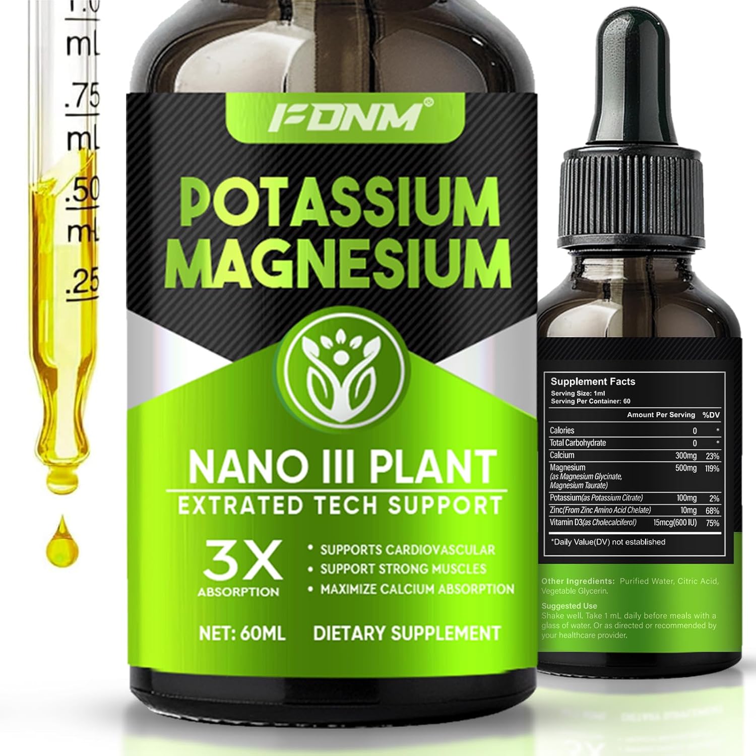 High Absorption Potassium Magnesium Supplement for Leg Cramps, Bone & Immune Support - Calcium, Vitamin D3, Zinc - 500mg Magnesium Potassium Drop