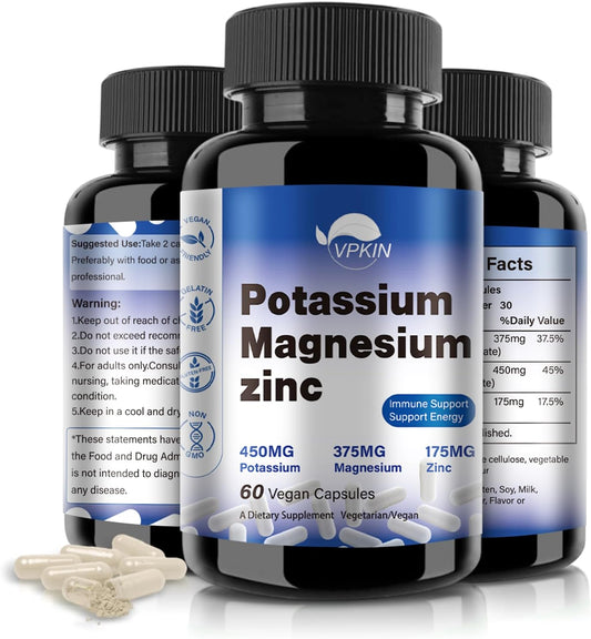 High Absorption Potassium Magnesium Zinc Complex Supplement for Leg Cramps - Vegan Capsules (60 Count)